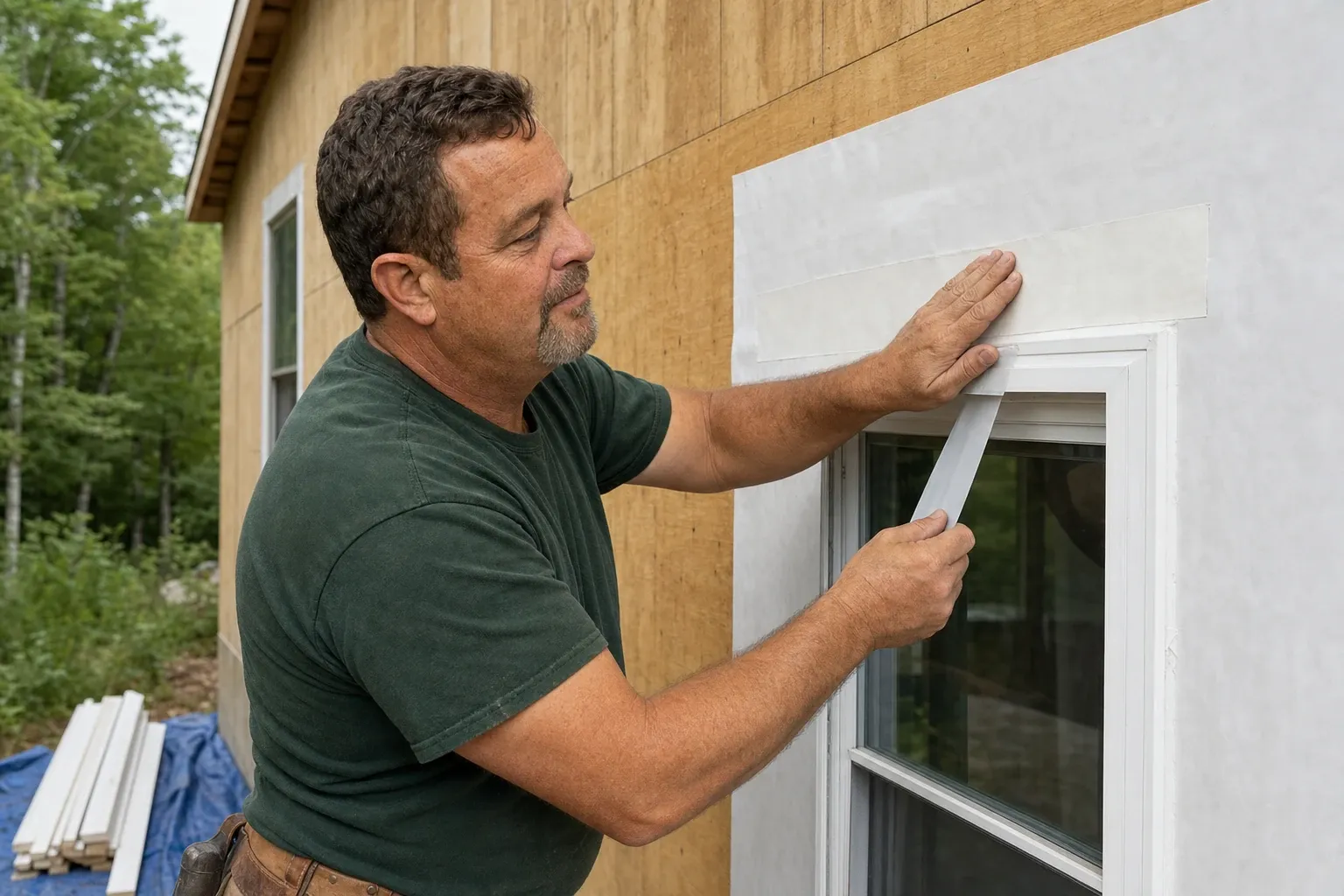 Eric Ouellette smoothing a strip of flashing tape over plain unprinted white housewrap at the top corner of a window opening, on a wall stripped of its old siding