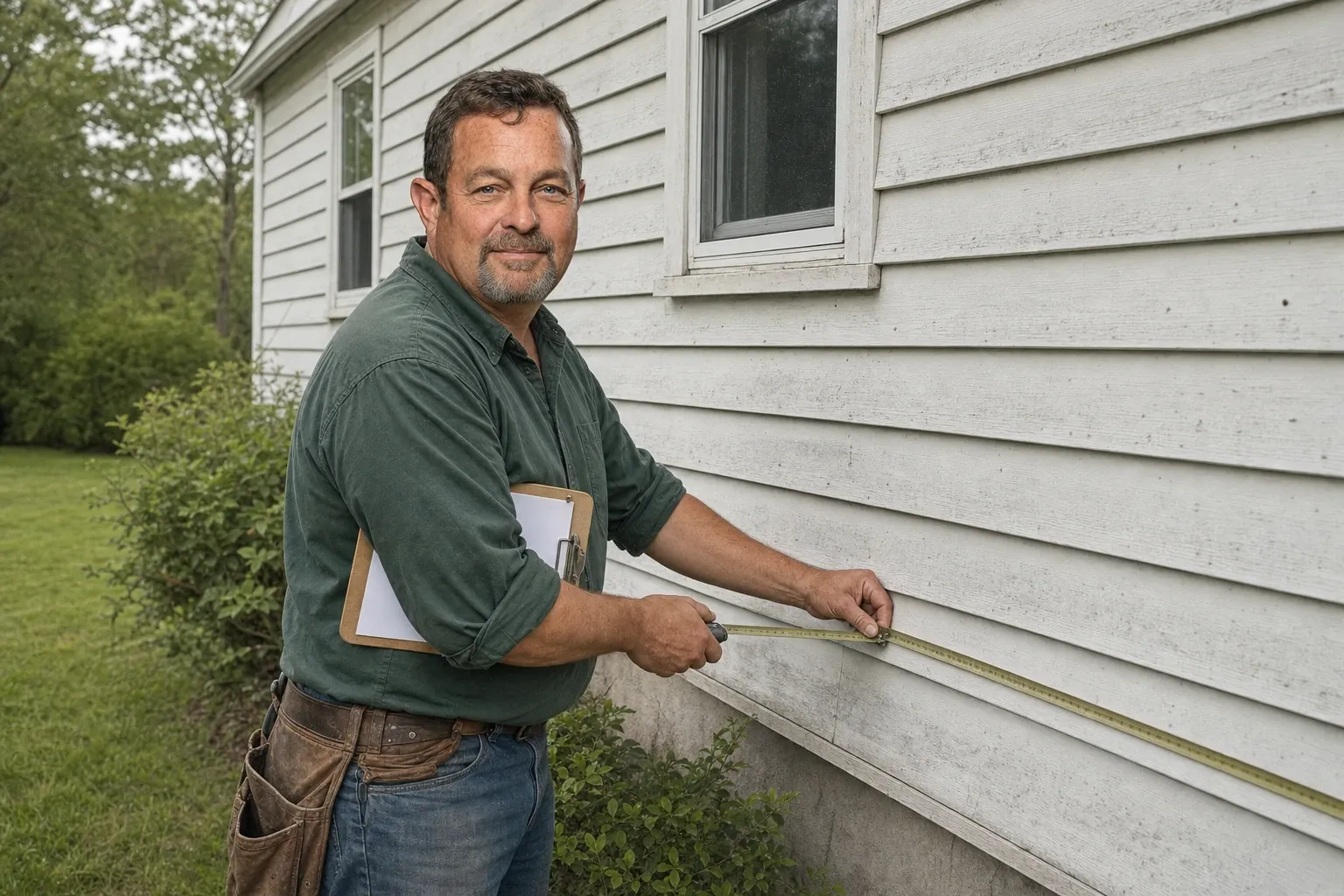 Eric Ouellette stretching a tape measure along the bottom course of faded white aluminum siding on a 1950s cape, a clipboard tucked under one arm, a mowed side yard in late spring