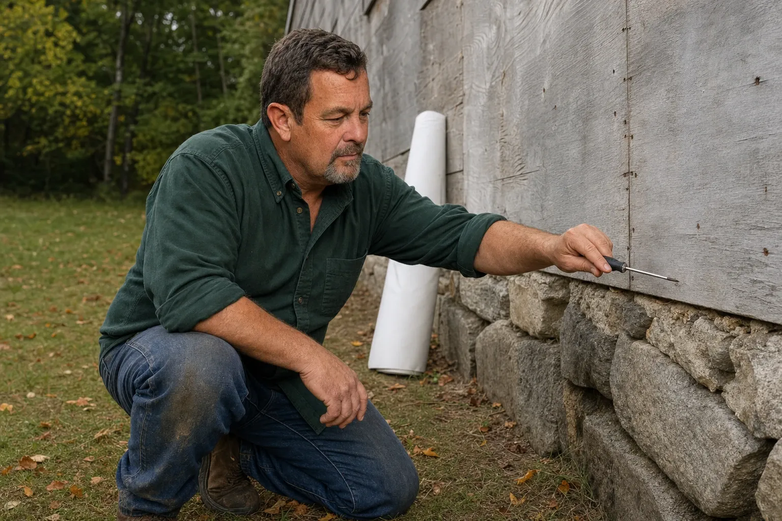 Eric Ouellette kneeling at the base of an old wood-frame wall stripped to its board sheathing, pressing a flat screwdriver into the sheathing just above the sill and the fieldstone foundation