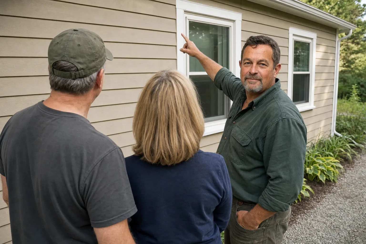 Eric Ouellette and two homeowners, seen from behind, walking along a ranch house wall of new light tan engineered-wood lap siding, Eric pointing up at the white trim over a window, summer