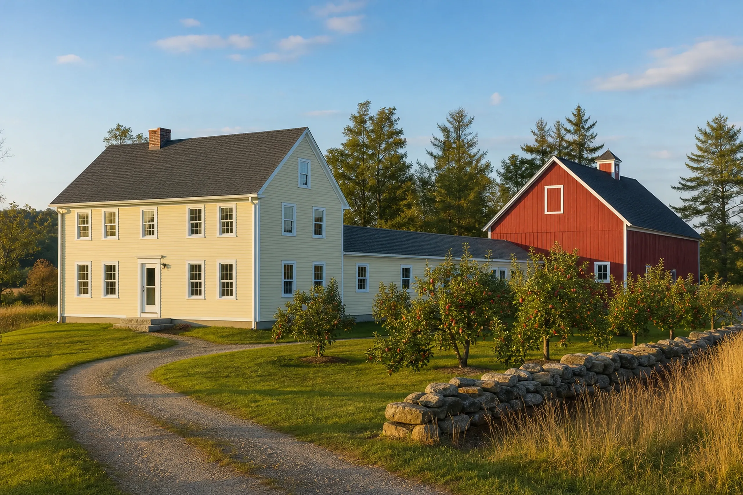 Farm country north of Lewiston: a two-story connected farmhouse with a long ell joining a red barn, new pale yellow lap siding and white corner boards, an apple orchard and a stone wall beside a hayfield, late summer