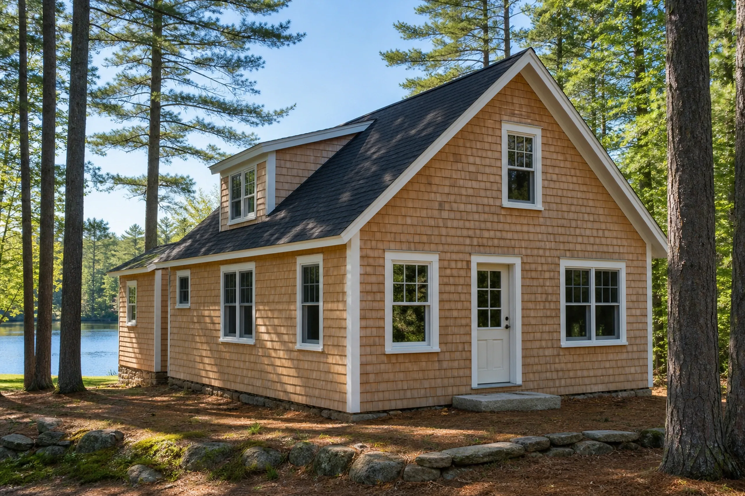 Lake country west of Lewiston: a one-and-a-half-story lake cottage among white pines on a small lot above a pond, new natural cedar shingles beginning to weather, white window trim and a stone step, early summer
