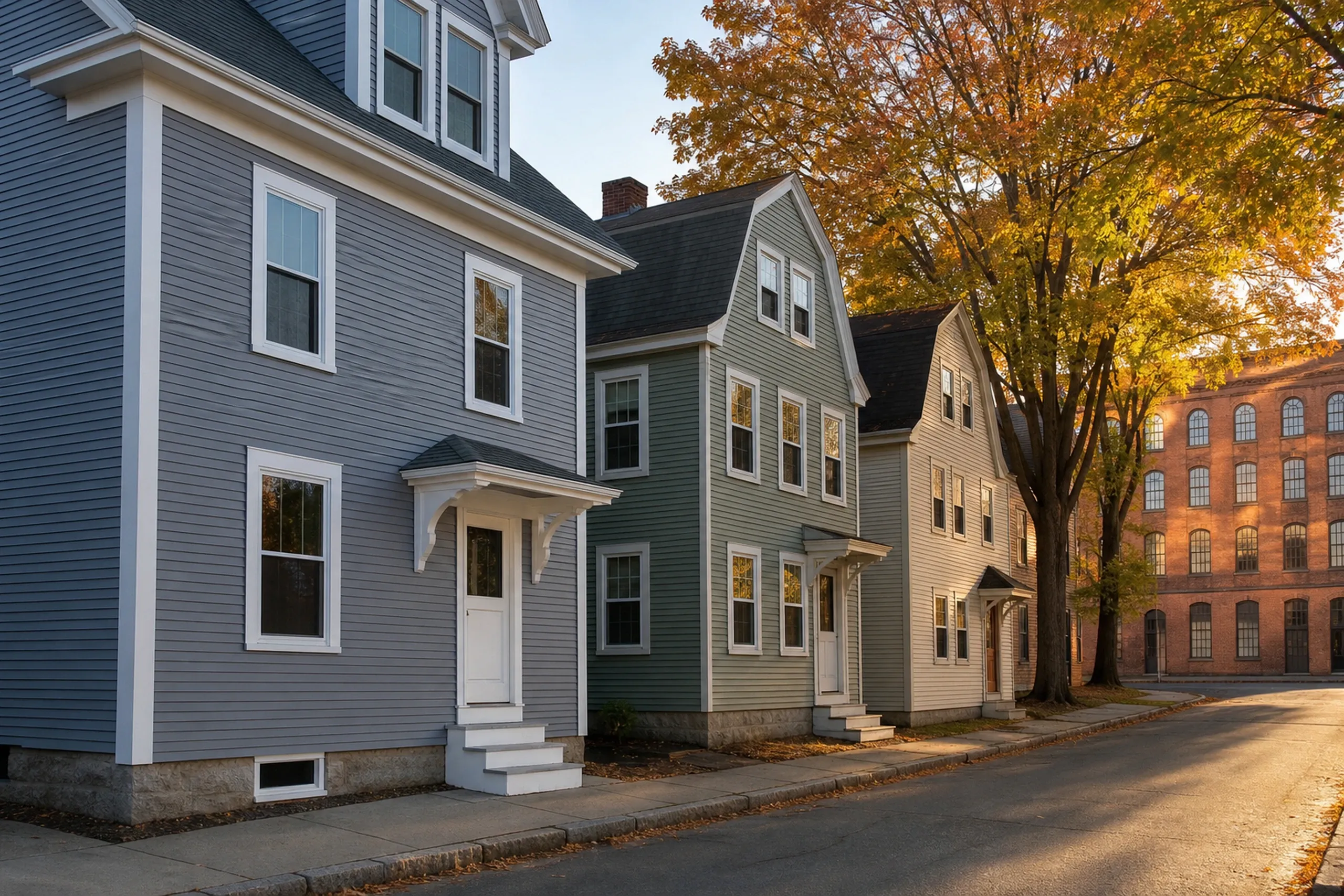Mill village east and south of Lewiston: a row of two-and-a-half-story wood-frame mill houses on a village street, the nearest finished in new gray-blue vinyl lap siding with white trim, maples turning in early fall, a brick mill wall at the end of the street