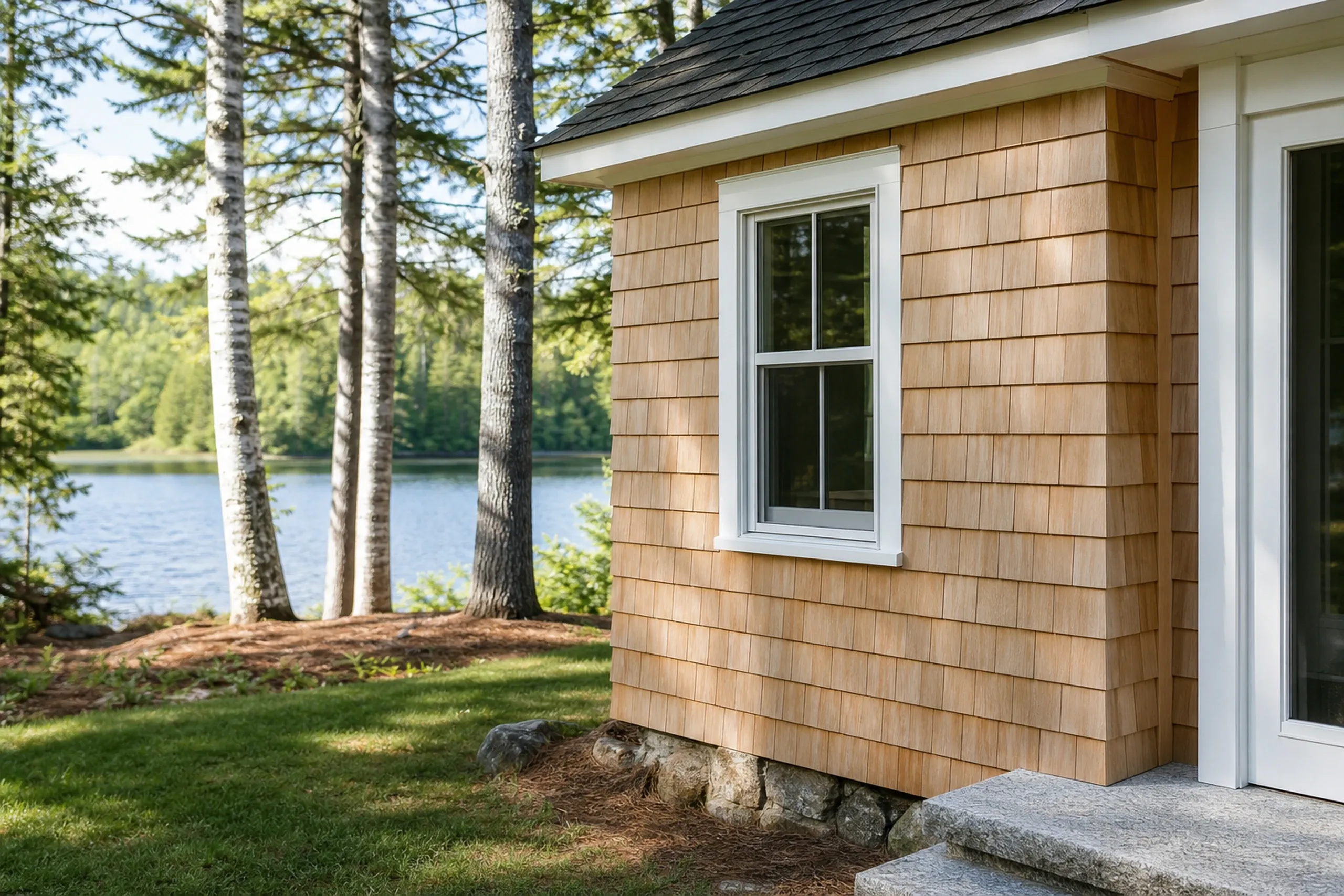 Cedar shingle siding in the Lewiston-Auburn area: a lake cottage among white pines finished in new cedar shingles weathering toward silver, white window trim and a woven corner, a glimpse of pond water behind, midsummer.