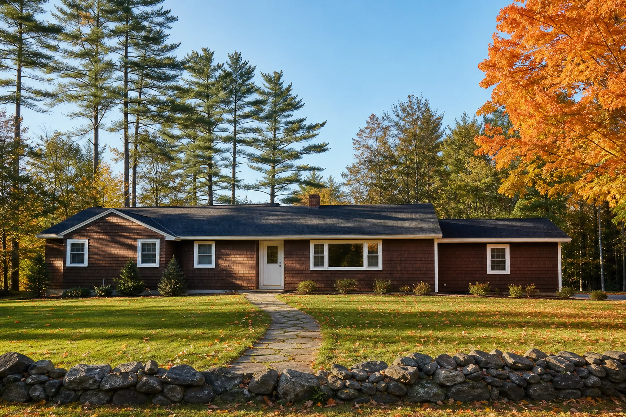 Re-sided cedar ranch in the Lewiston-Auburn area: A re-sided 1970s ranch with a wide picture window, cedar shingles stained rich walnut-brown with cream trim, a flagstone walk, tall white pines and a maple turning orange at the lot edge, crisp early-autumn light.