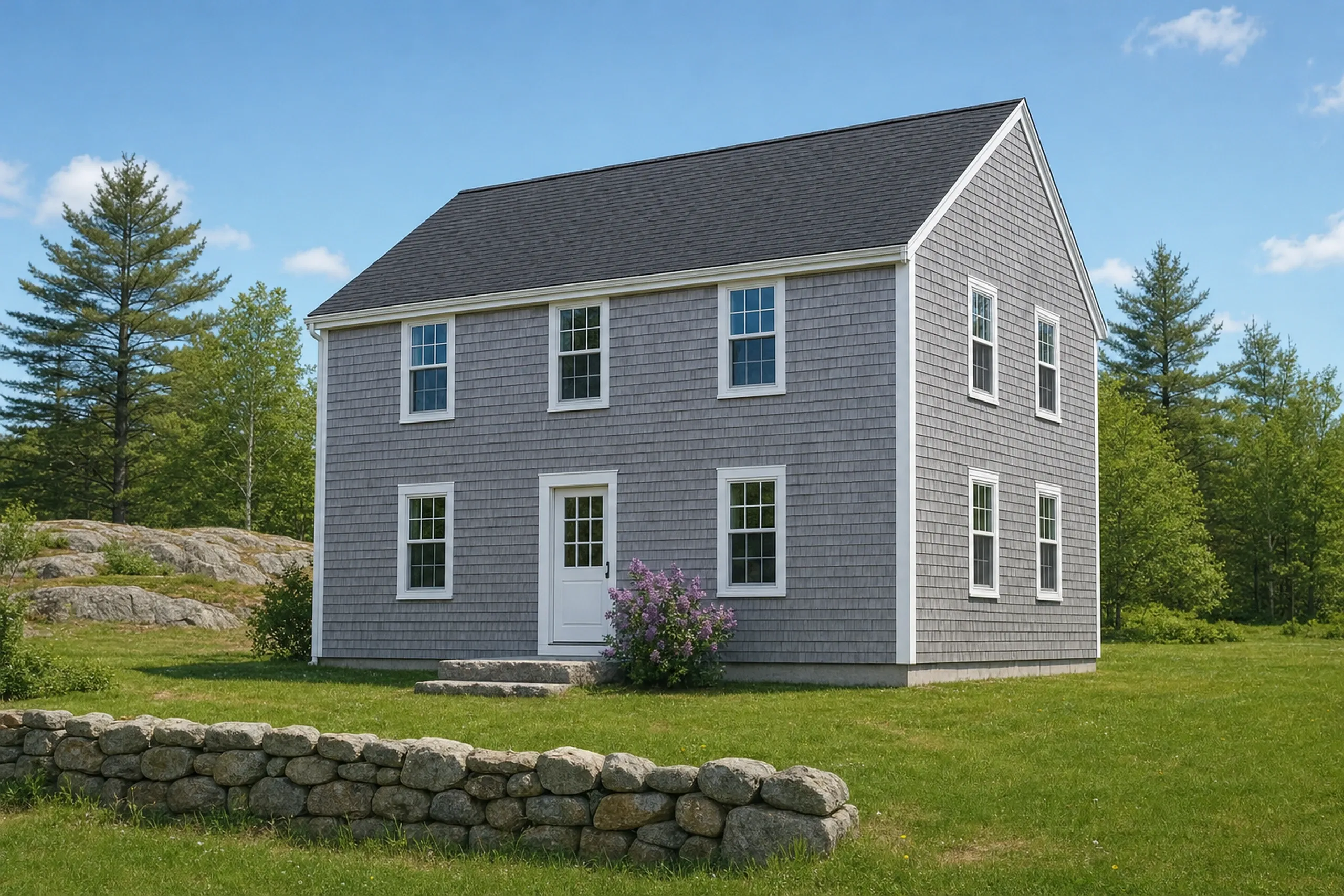 Cedar shingle siding on a Lewiston-Auburn area cape: finished natural cedar shingles weathered to an even silver-gray, white window trim and corner boards, a granite front step and a lilac beside the door, early summer.