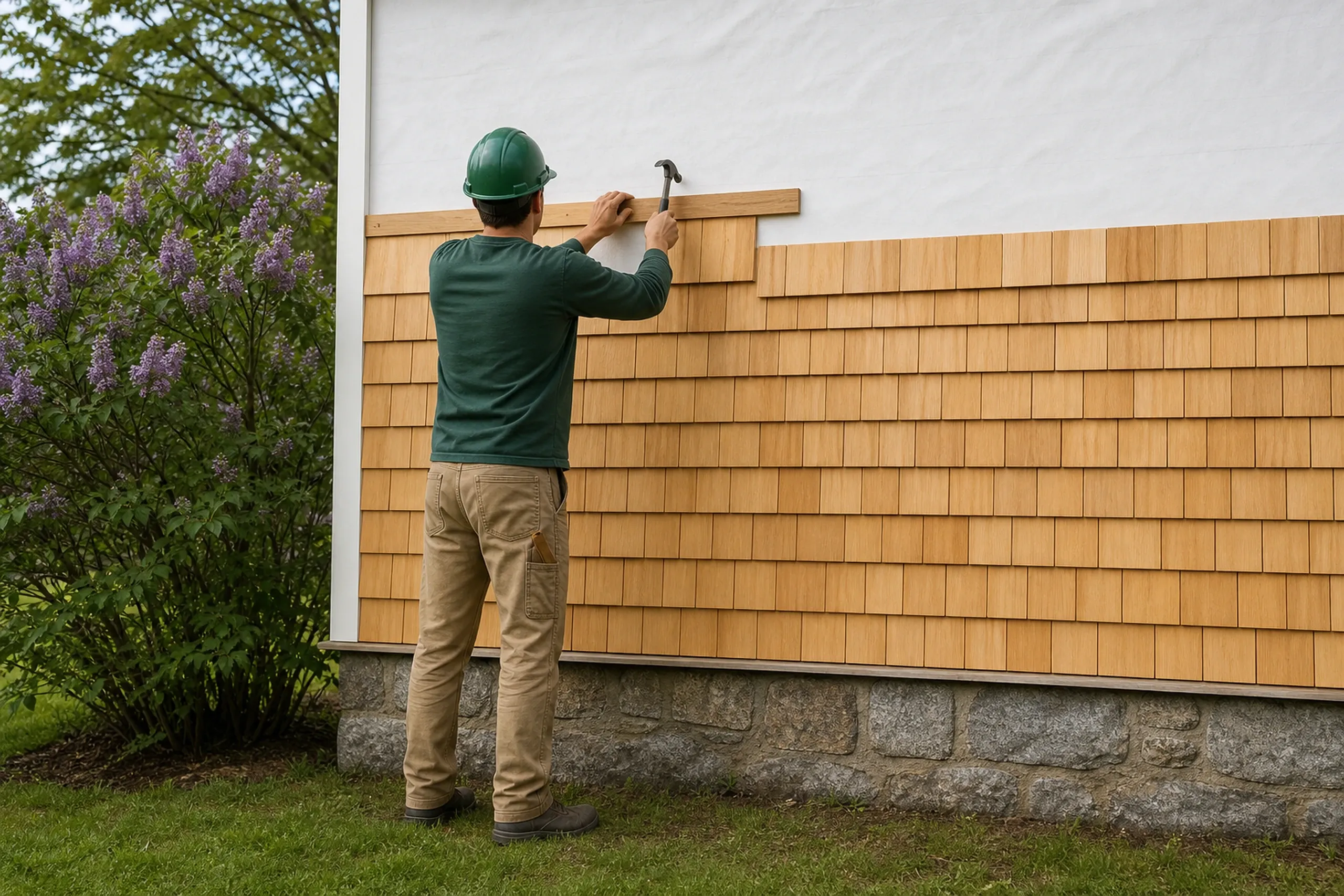 Cedar shingle install on a Lewiston-Auburn area farmhouse: one installer seen from behind nailing a fresh course of honey-colored cedar shingles along a straight guide board over plain unprinted housewrap, the lower courses finished, late spring.