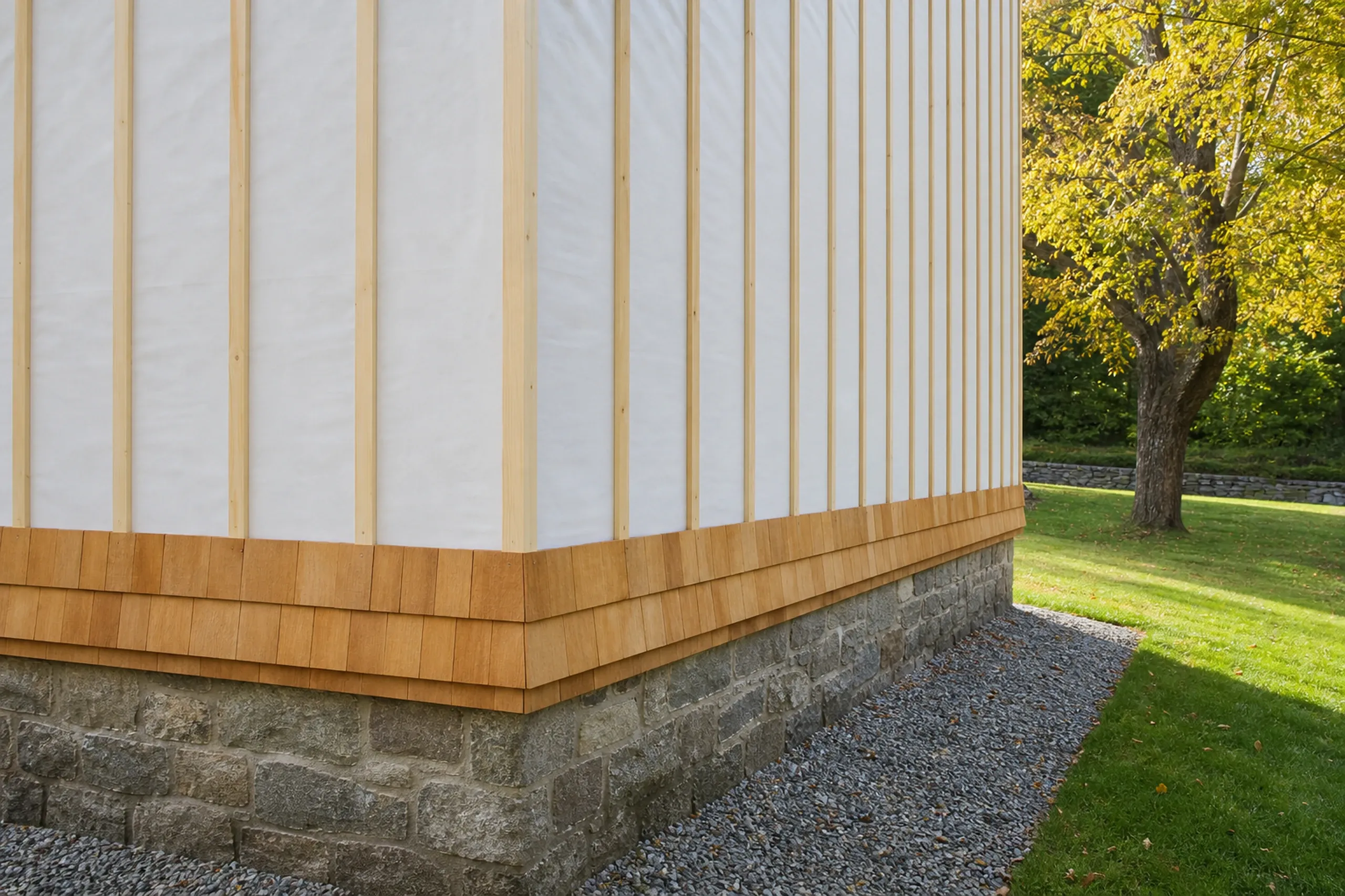 Cedar rain screen detail on a Lewiston-Auburn area colonial: vertical wood furring strips over plain unprinted housewrap at an outside corner, a doubled first course of new cedar shingles started at the foundation line, early fall.