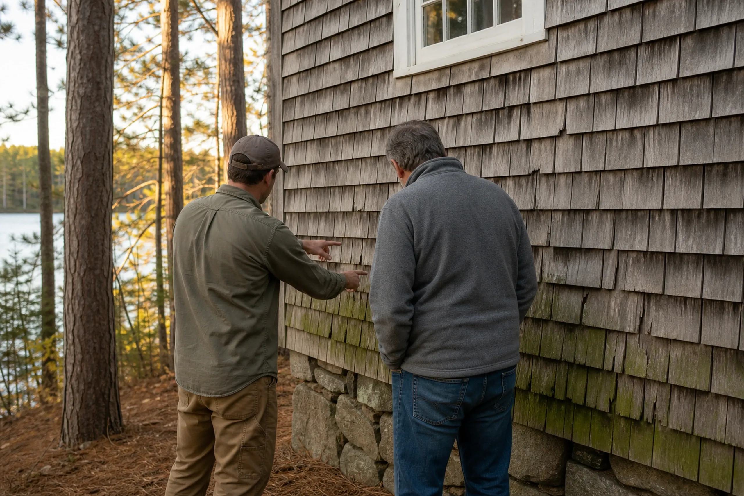 Cedar shingle first visit in the Lewiston-Auburn area: In warm late-afternoon summer light, two people, a siding installer and a homeowner, seen from behind, stand beside the shaded north wall of a year-round lake house and look at cedar shingles that have cupped, split and gone green with moss near the ground.