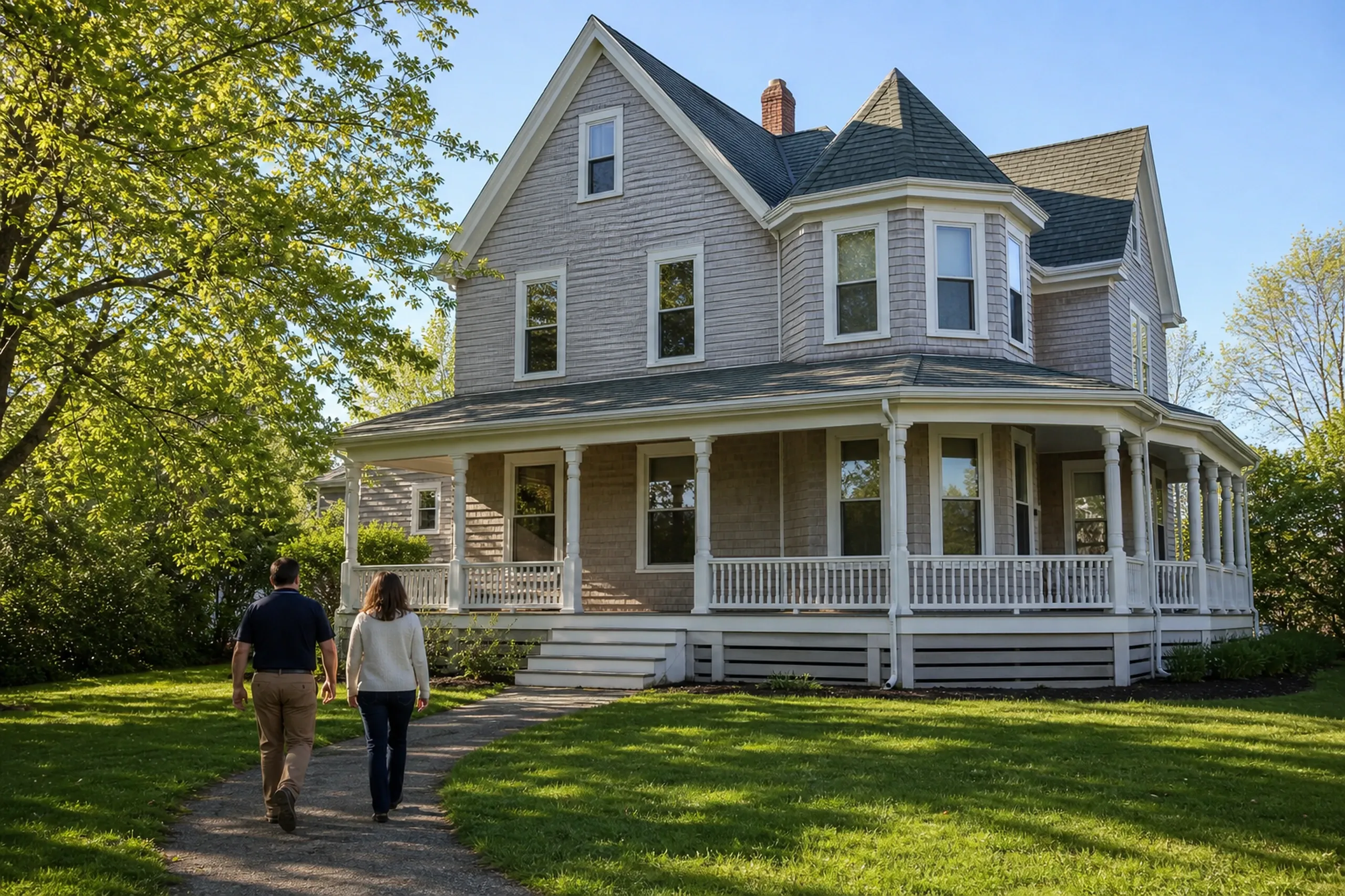 Cedar shingle final walkaround in the Lewiston-Auburn area: On a clear late-spring morning, two people, a siding installer and a homeowner, seen from behind, walk the path beside a re-sided Queen Anne Victorian whose walls and steep front gable are covered in natural cedar shingles beginning to silver, with white trim and a wraparound porch.