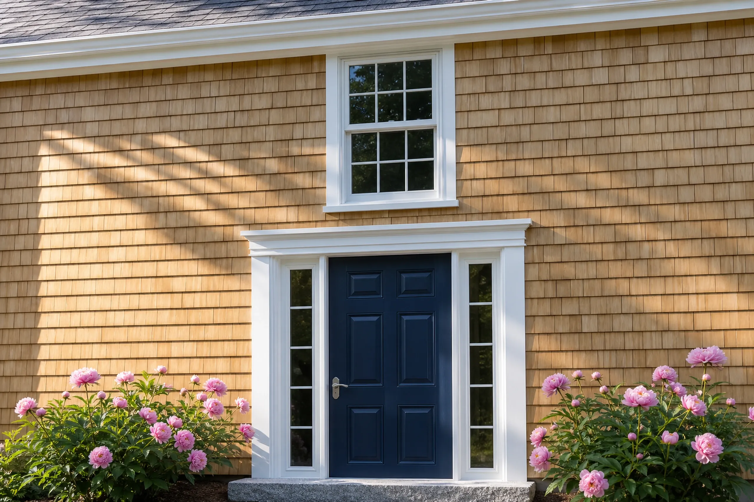 Re-sided cedar cape front entry in the Lewiston-Auburn area: Shot vertically, the front entry of a re-sided cape, fresh honey-tan cedar shingles around a navy paneled door with two narrow sidelights, white trim, a granite step and pink peonies in bloom, bright early-summer afternoon light, seen straight on.