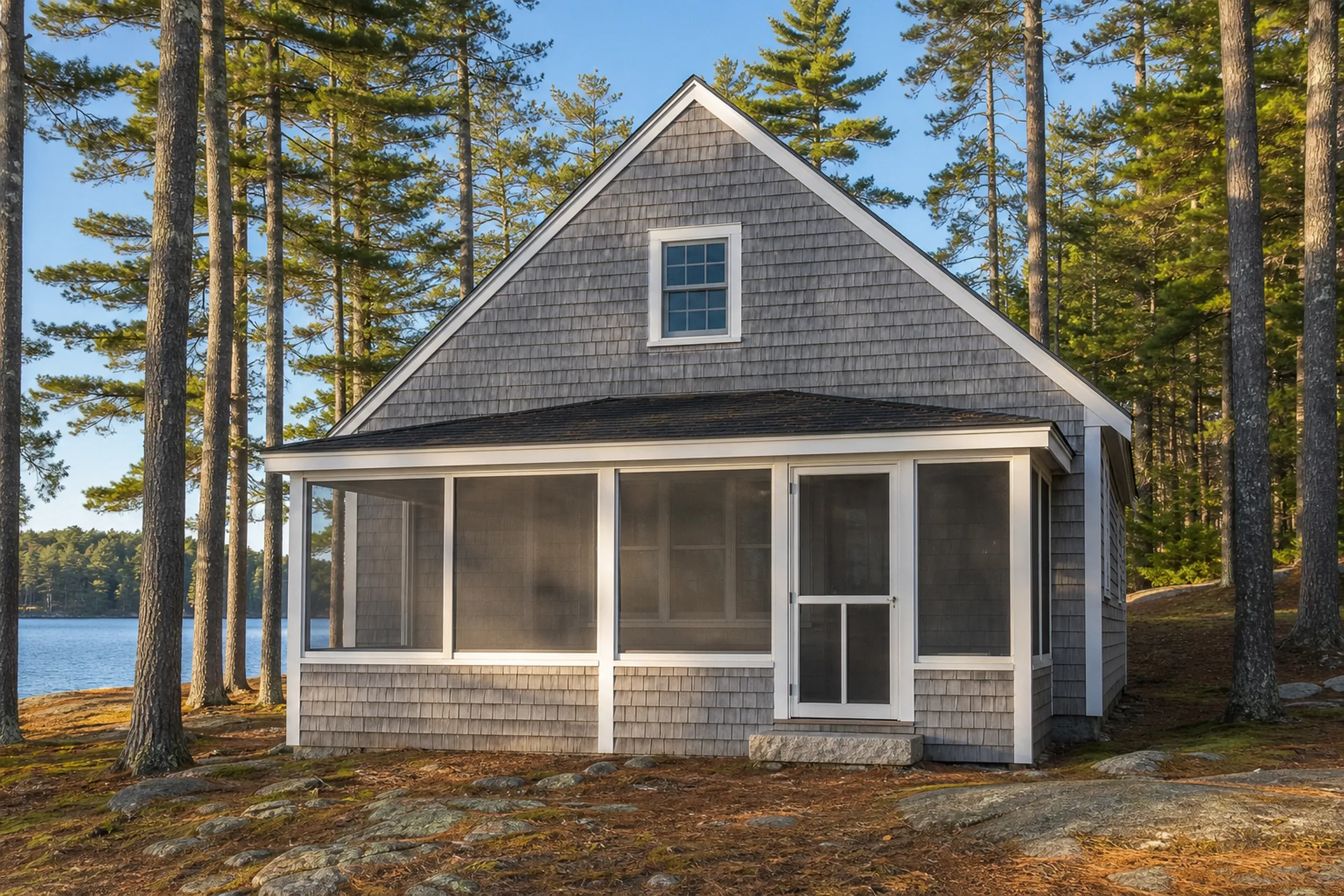 Weathered cedar shingles on a Lewiston-Auburn area lake camp: a gable end of silver-gray cedar shingles with staggered joints above a screened porch, white pines around it and a glimpse of lake water behind, late summer.