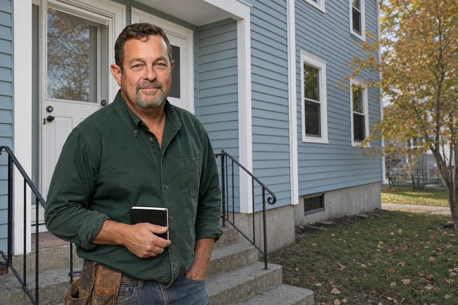 Eric Ouellette standing on the front steps of a Lewiston two-family house with new pale blue vinyl lap siding and white trim, a small closed notebook in one hand, early fall