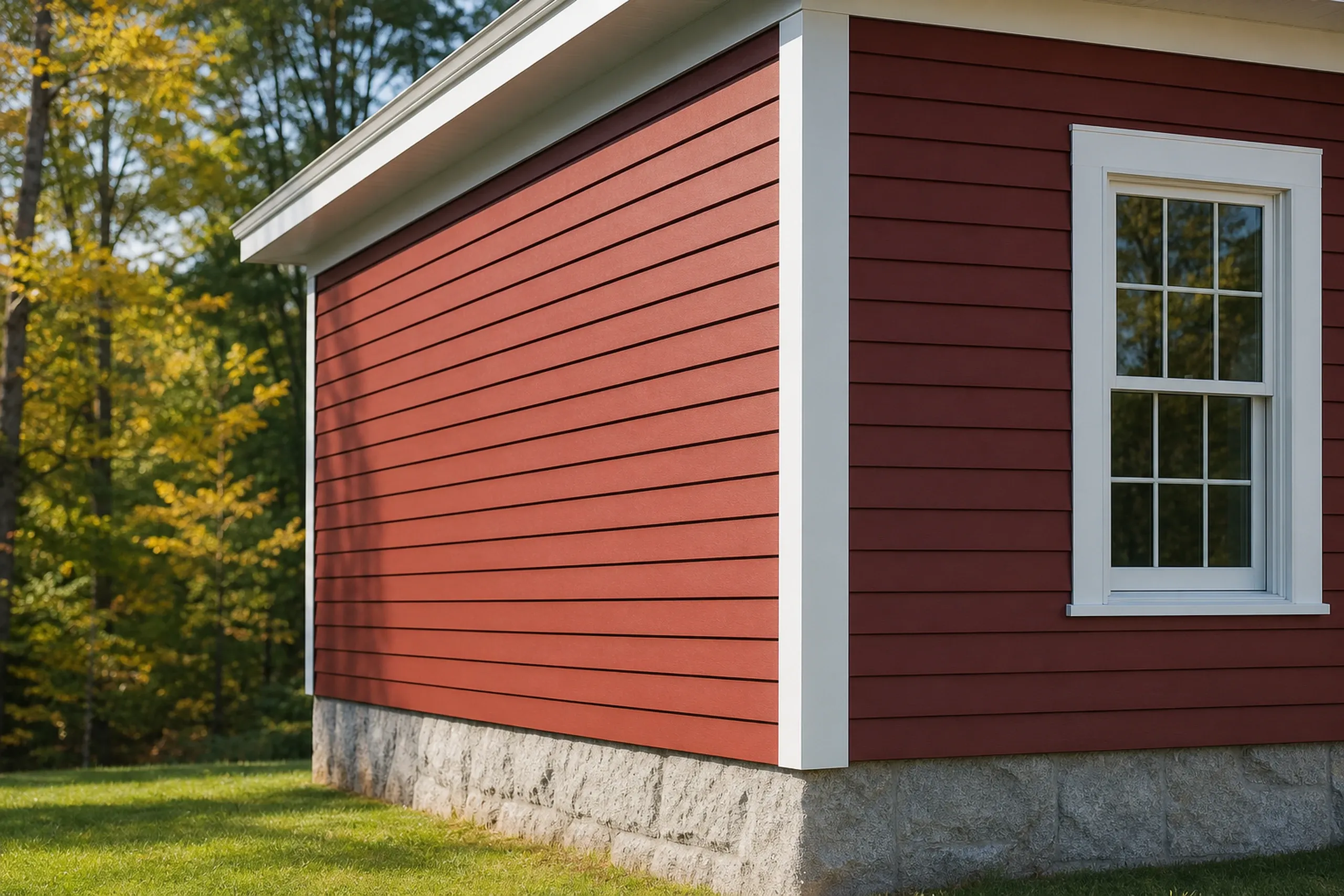 Factory-finished fiber cement on a Lewiston-Auburn area cape: close view of barn red fiber cement lap planks meeting a white trim corner board, straight even shadow lines between courses, early fall sun.