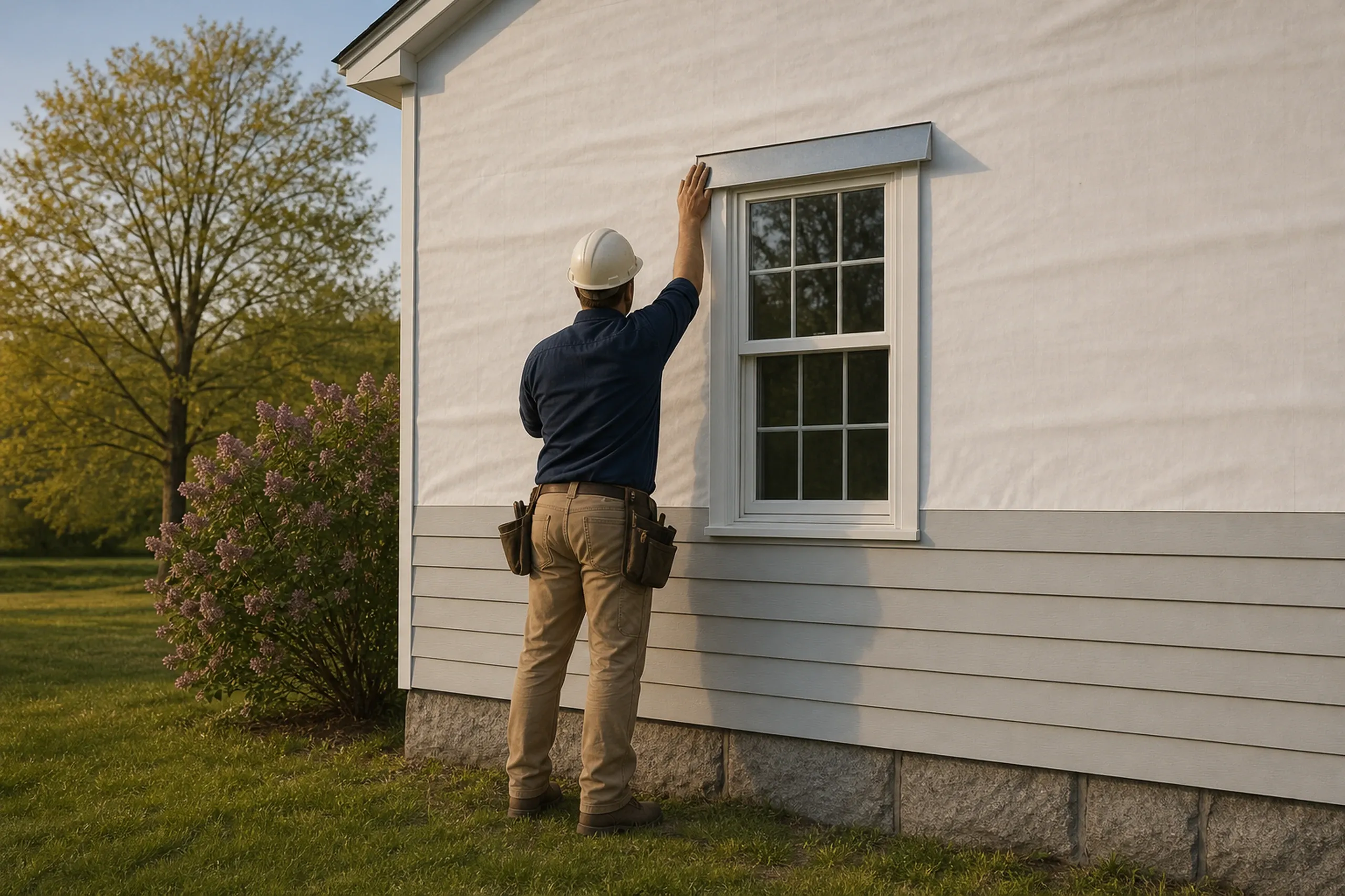 Fiber cement prep on a Lewiston-Auburn area colonial: one installer seen from behind pressing plain unprinted housewrap flat under a metal window head flashing, the first pale gray fiber cement courses already nailed below, late spring.