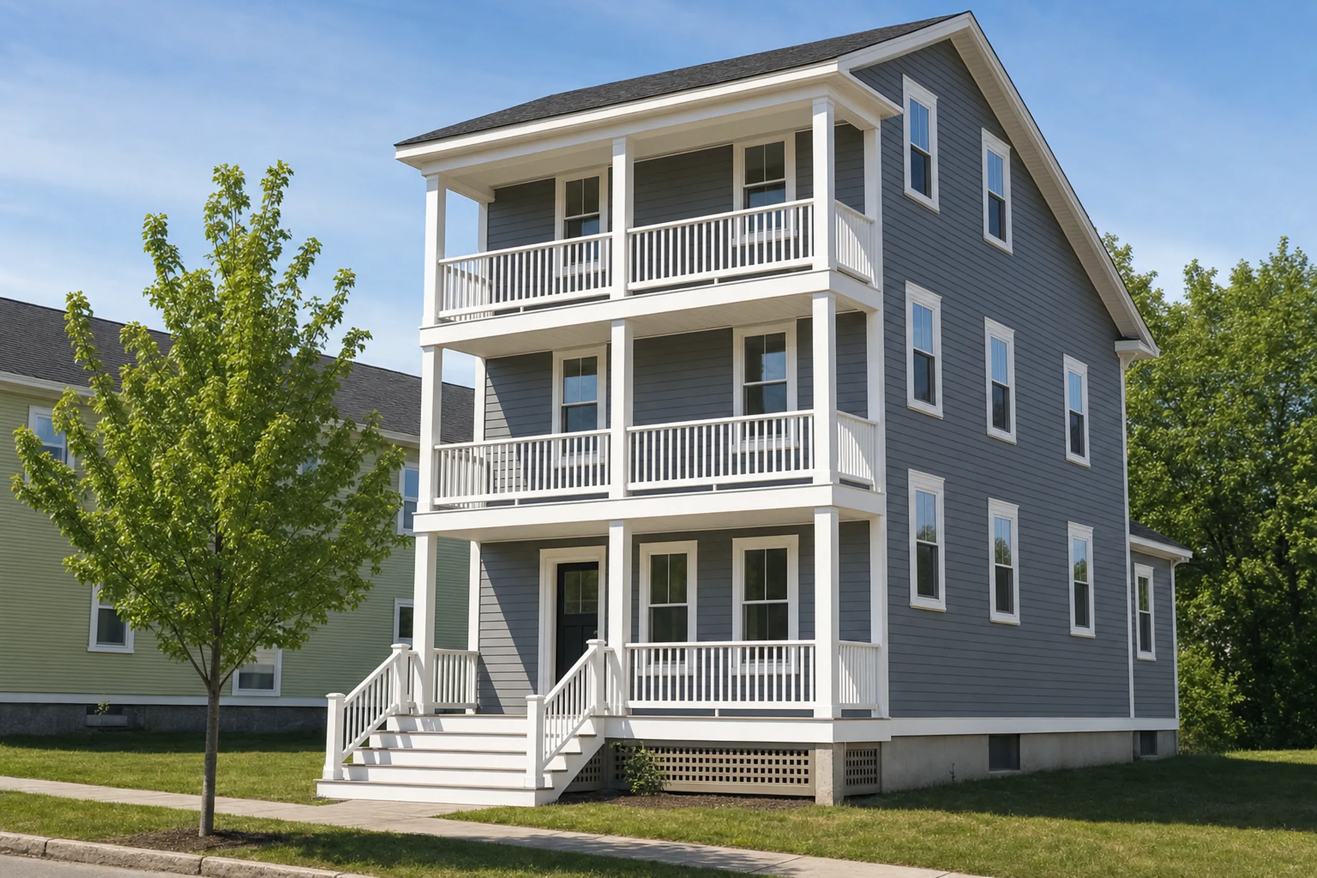 Hardie siding on a Lewiston-Auburn area triple-decker: finished slate gray fiber cement lap siding on all three stories, crisp white corner boards and window trim, stacked front porches, a young maple at the curb, early summer.