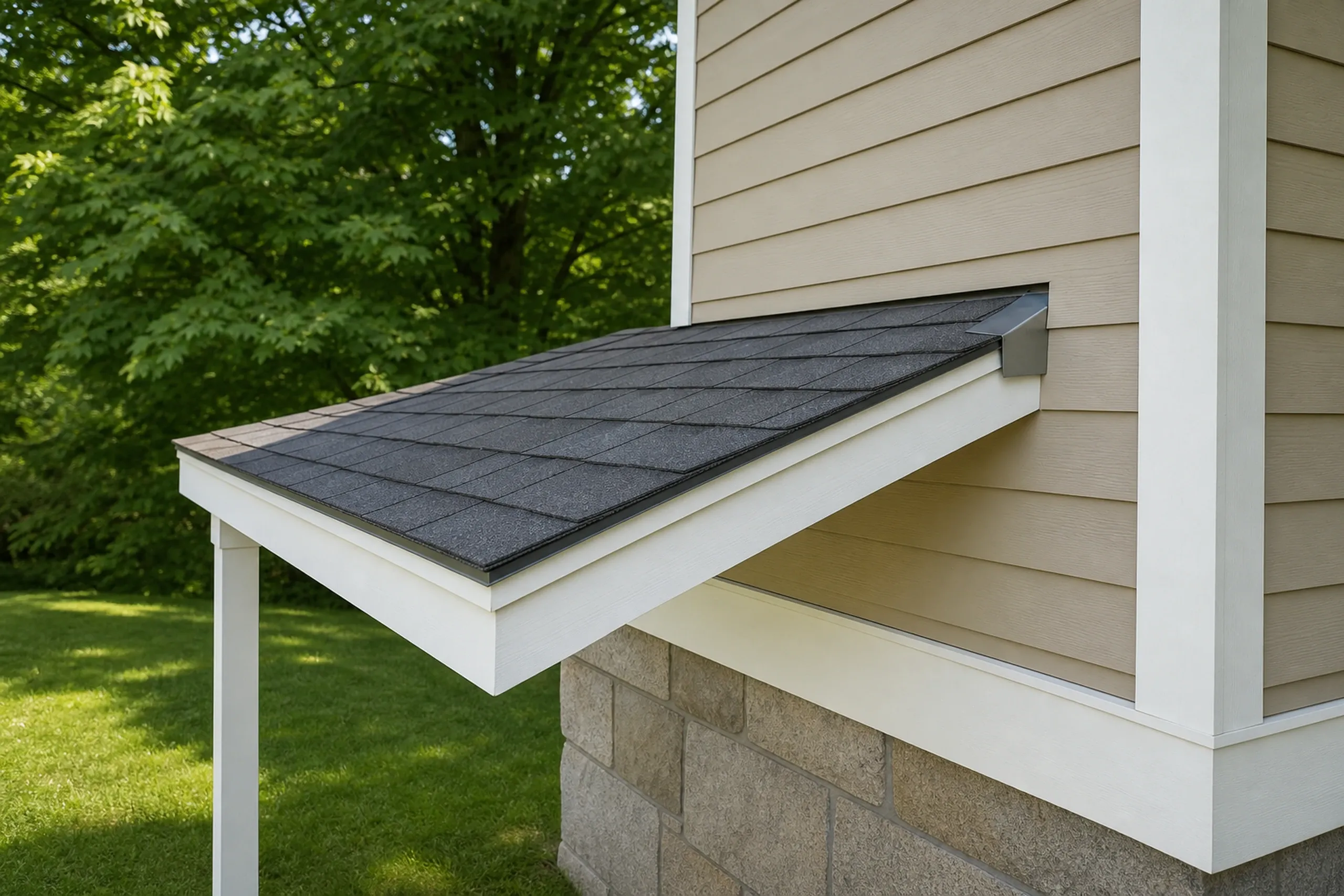 Fiber cement detail on a Lewiston-Auburn area farmhouse: a metal kick-out flashing at the foot of a porch roof where it meets the wall, tan fiber cement lap siding held a clear gap above the roof shingles, white trim, midsummer.