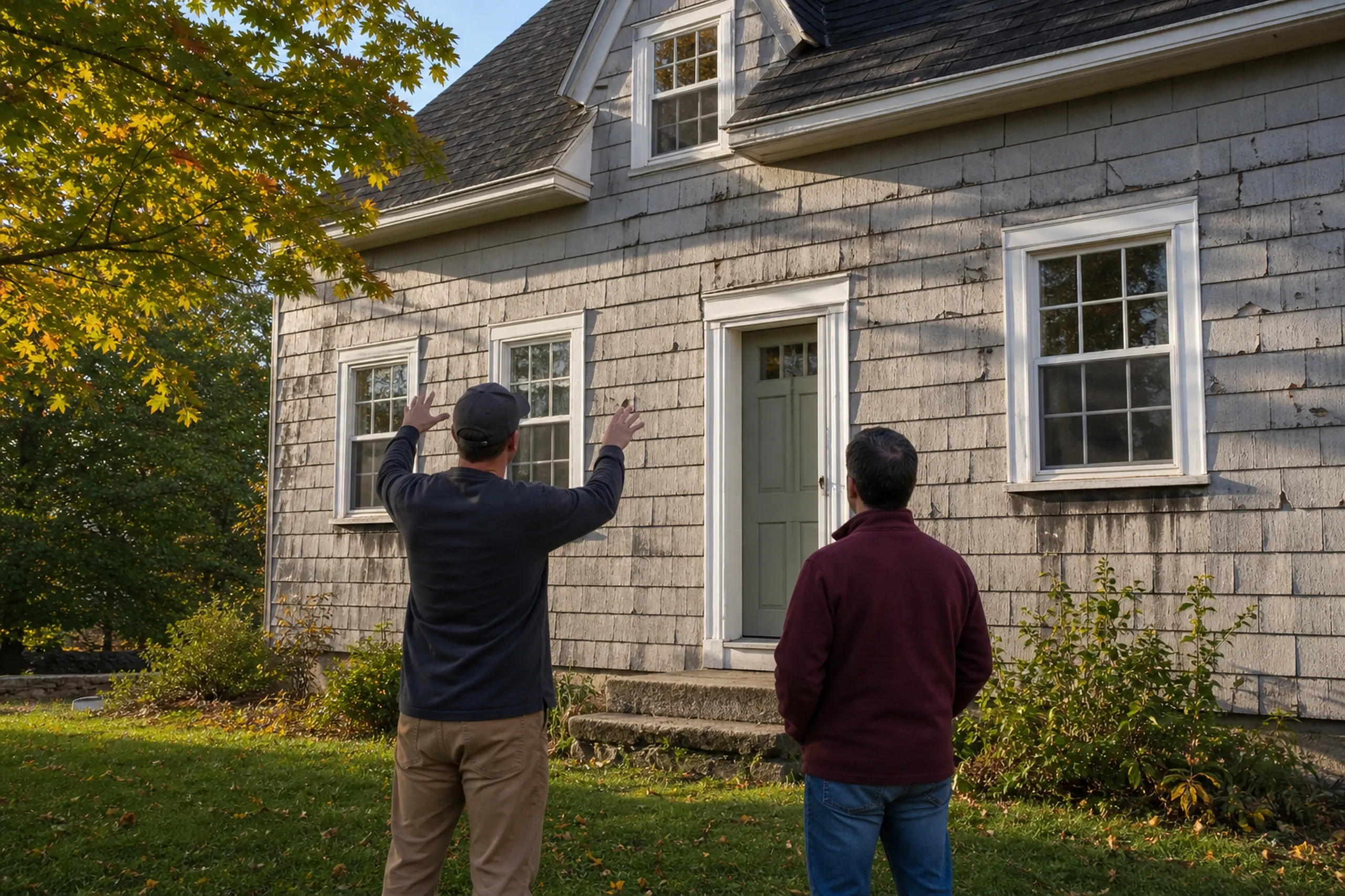 Hardie siding first visit in the Lewiston-Auburn area: In crisp early-autumn light, two people, a siding installer and a homeowner, seen from behind, stand in front of a 1940s cape and look at old gray cement shingles cracked and chipped at their corners, with dark stains running down from the window sills.