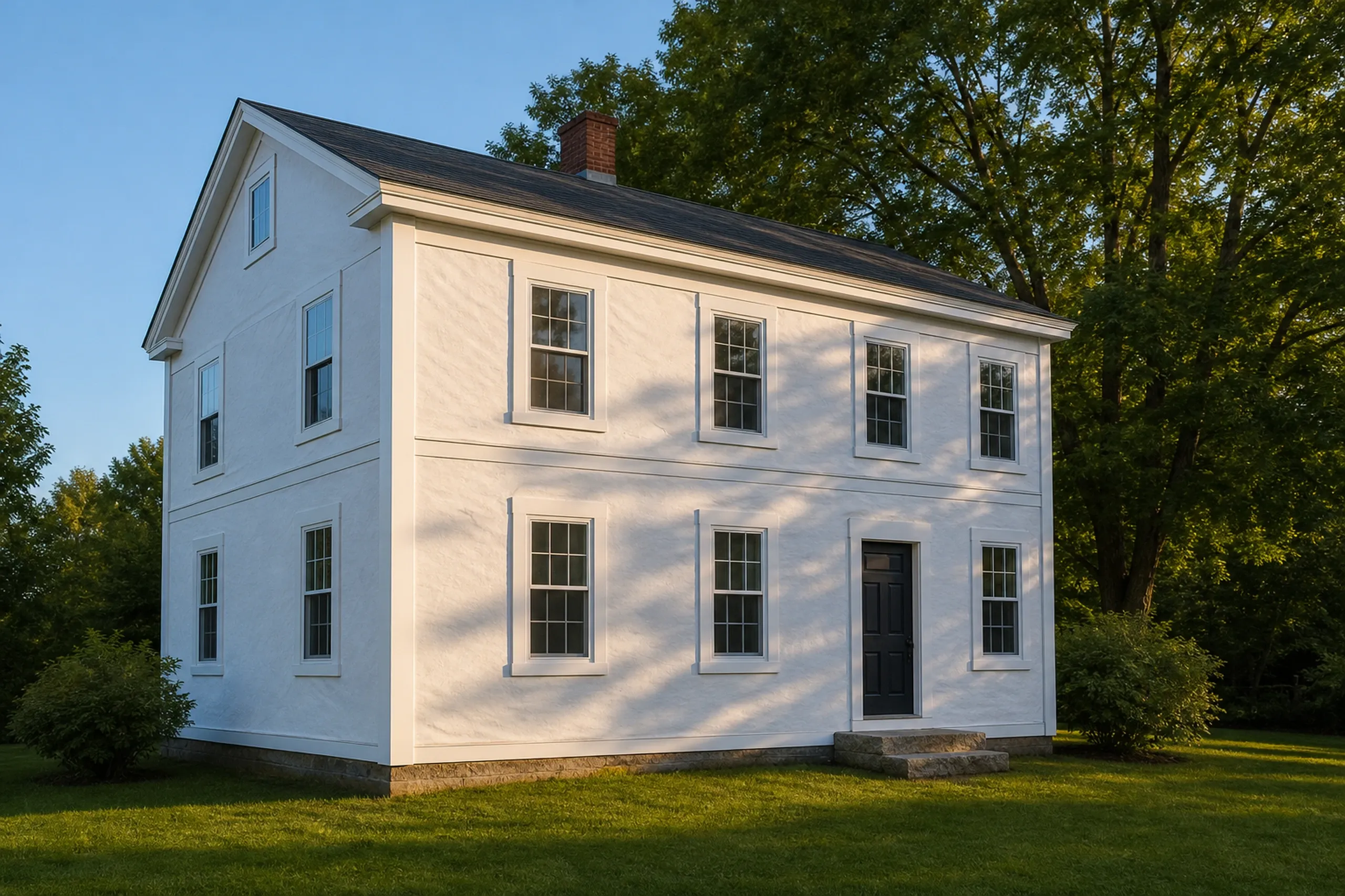 Hardie trim stage in the Lewiston-Auburn area: A Greek Revival farmhouse front wall in-progress at the corner board and trim stage, broad white fiber cement corner boards and flat window casings fastened plumb with plain white housewrap filling the wall between them, a stone step and tall maples, warm late-afternoon summer light.