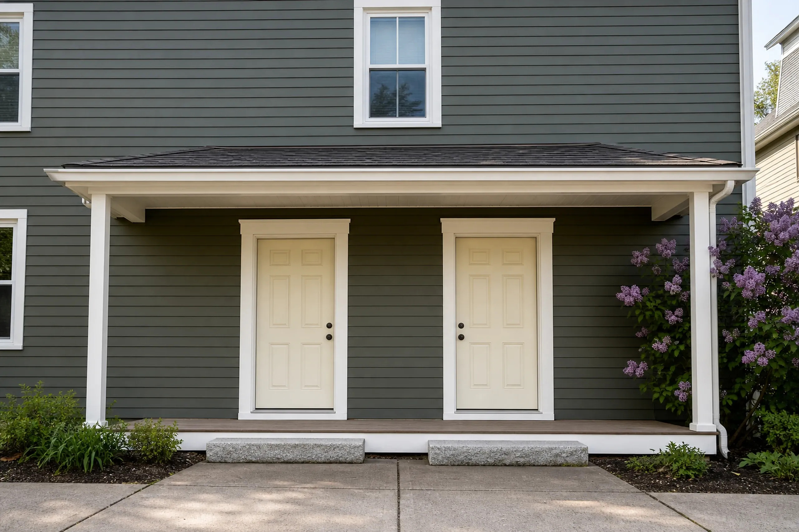 Re-sided Hardie duplex entry in the Lewiston-Auburn area: Shot vertically, the shared front of a re-sided mill-era duplex, deep olive-gray fiber cement lap around two matching cream doors side by side, white trim, two granite steps and a blooming lilac at the corner, clear late-spring morning light.