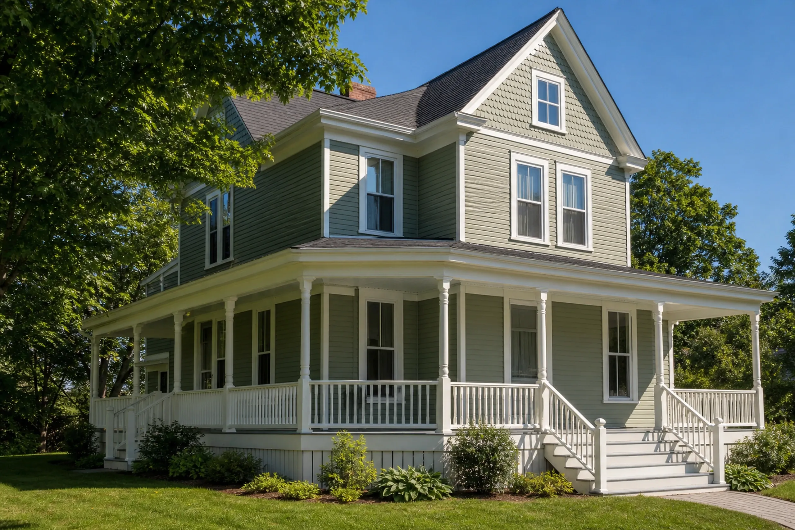 Finished fiber cement siding on a Lewiston-Auburn area Victorian: sage green fiber cement lap siding with white trim around tall windows, a wraparound porch and a steep front gable, late summer.