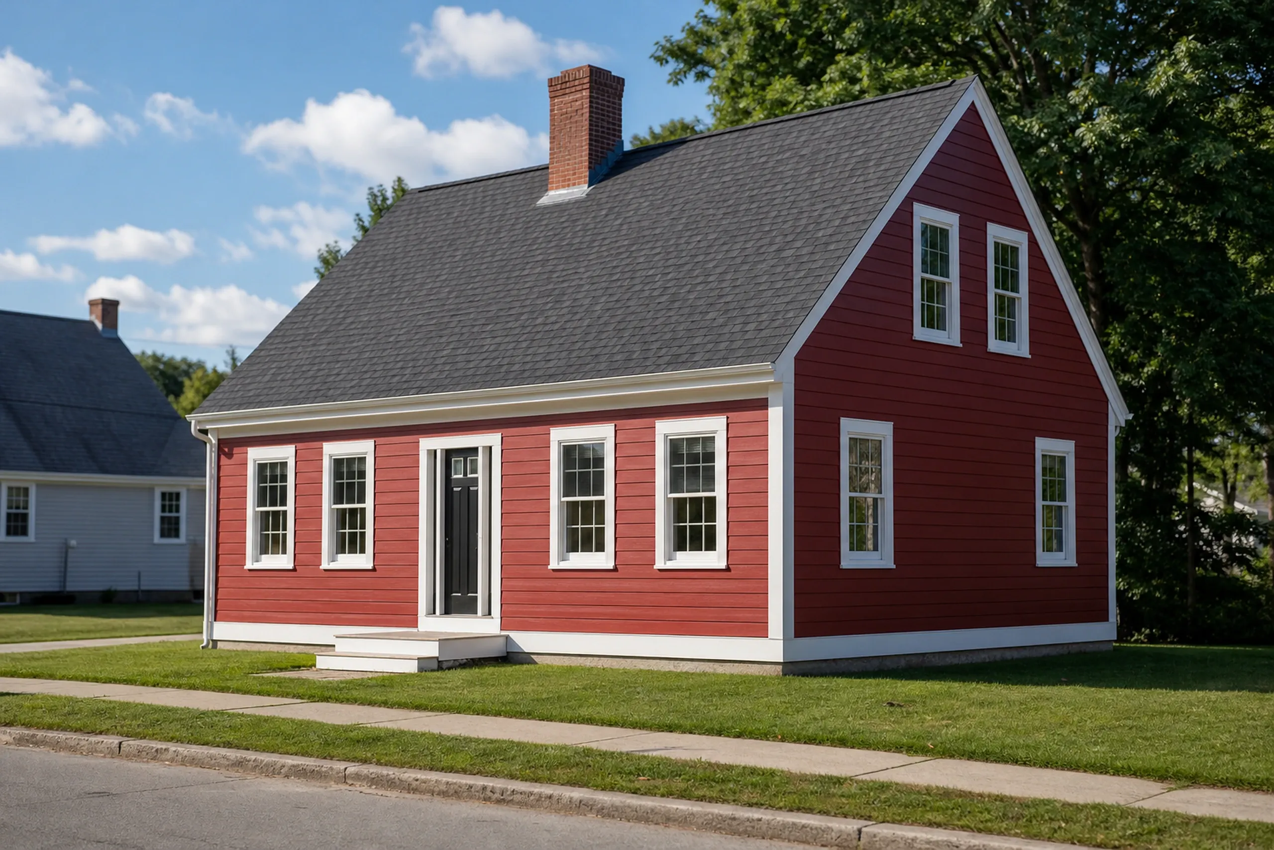 LP SmartSide lap siding on a postwar Lewiston cape: engineered wood lap boards freshly painted barn red, wide white corner boards and window casings, a small front stoop and a mown lawn on a quiet street at the edge of the city, late summer.