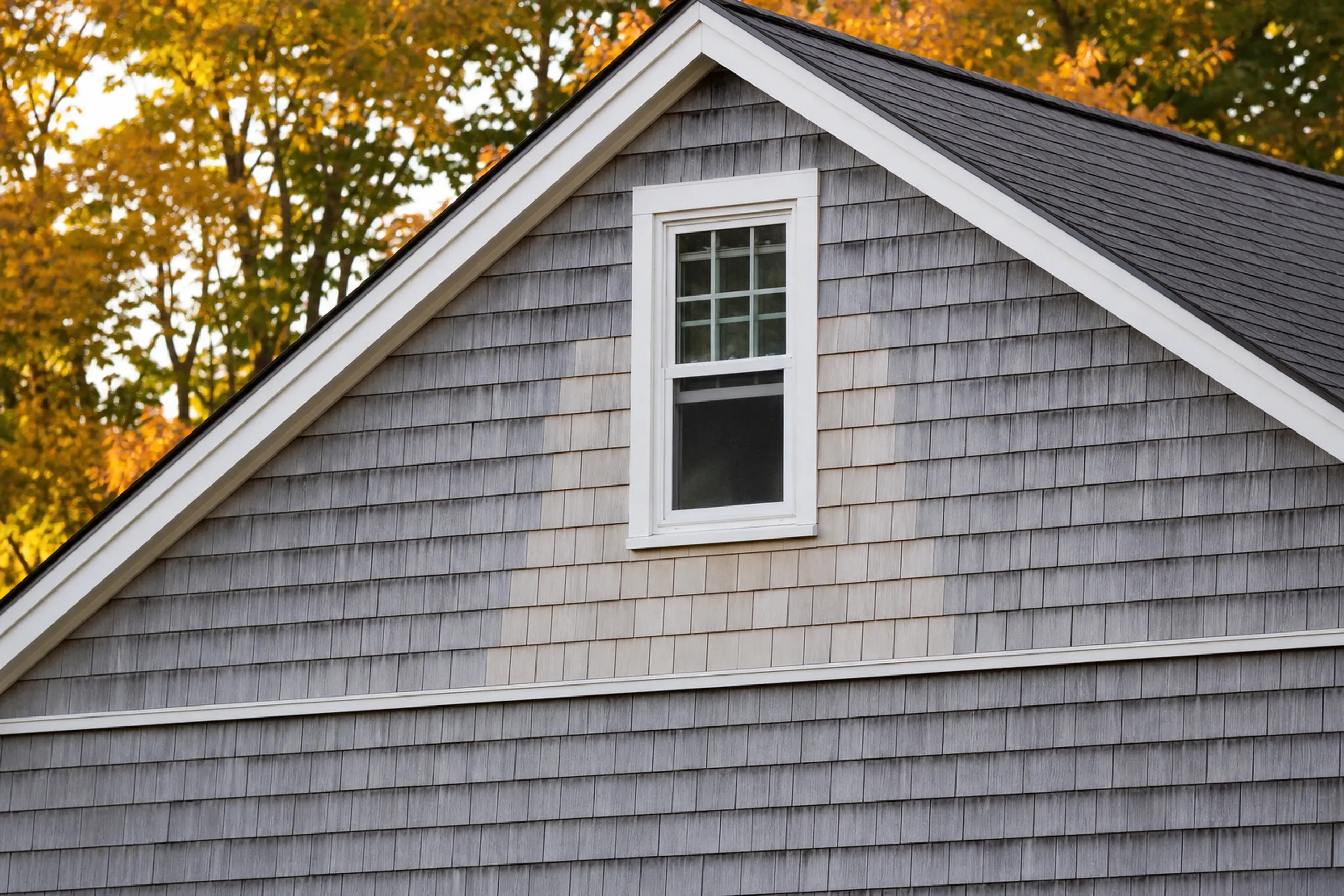 Cedar shingle repair on a Lewiston Victorian gable: a patch of new pale cedar shingles woven into older silver-gray shingles around an attic window, staggered joints and straight courses, early fall light.