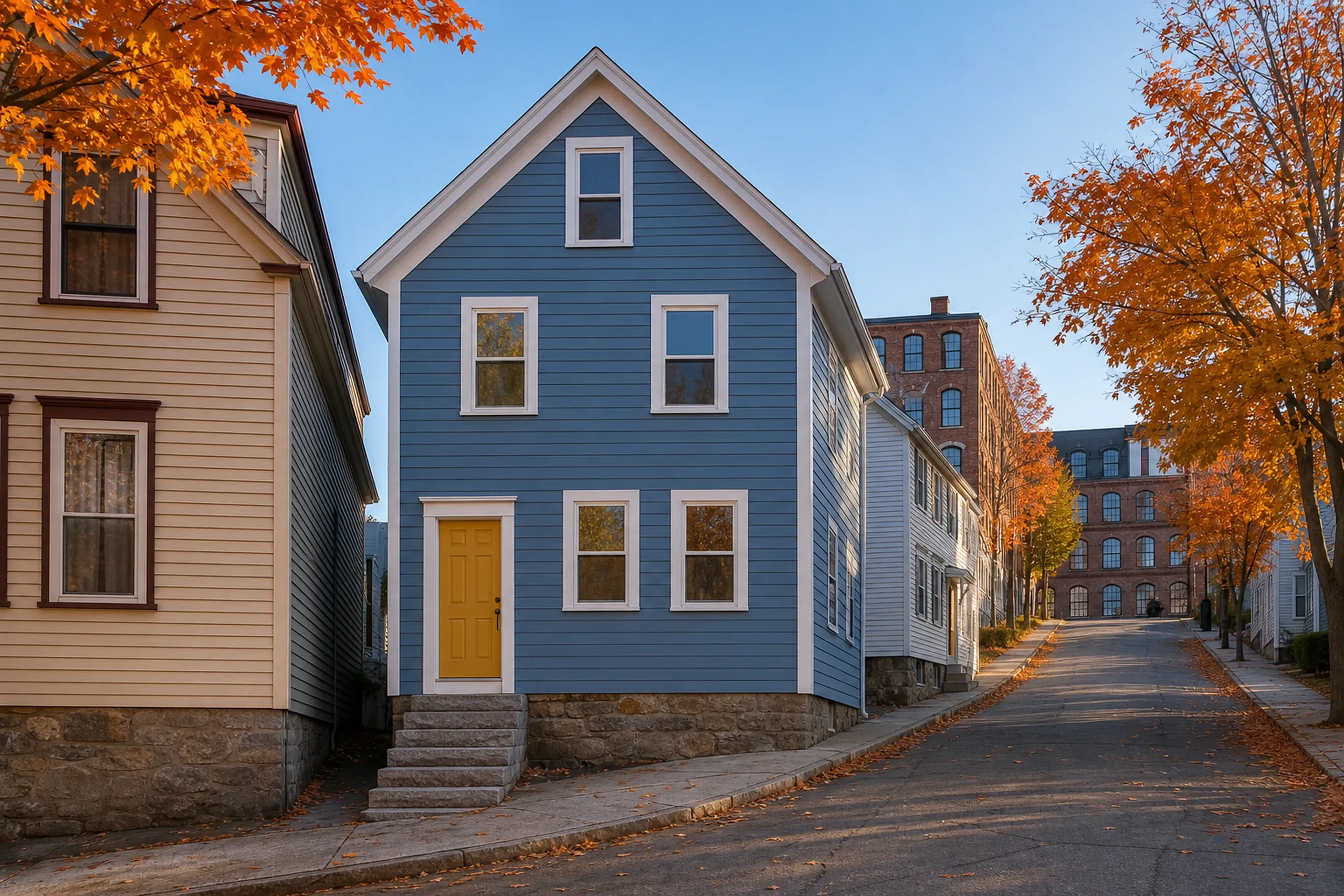 Re-sided Lewiston mill-district cottage in early autumn: A re-sided gable-front mill-district cottage on a sloping Lewiston street, dusty blue LP lap siding with white corner boards and trim and a mustard-yellow door, close neighbors on both sides, a brick mill block at the end of the street and sugar maples turning orange in crisp early-autumn light.