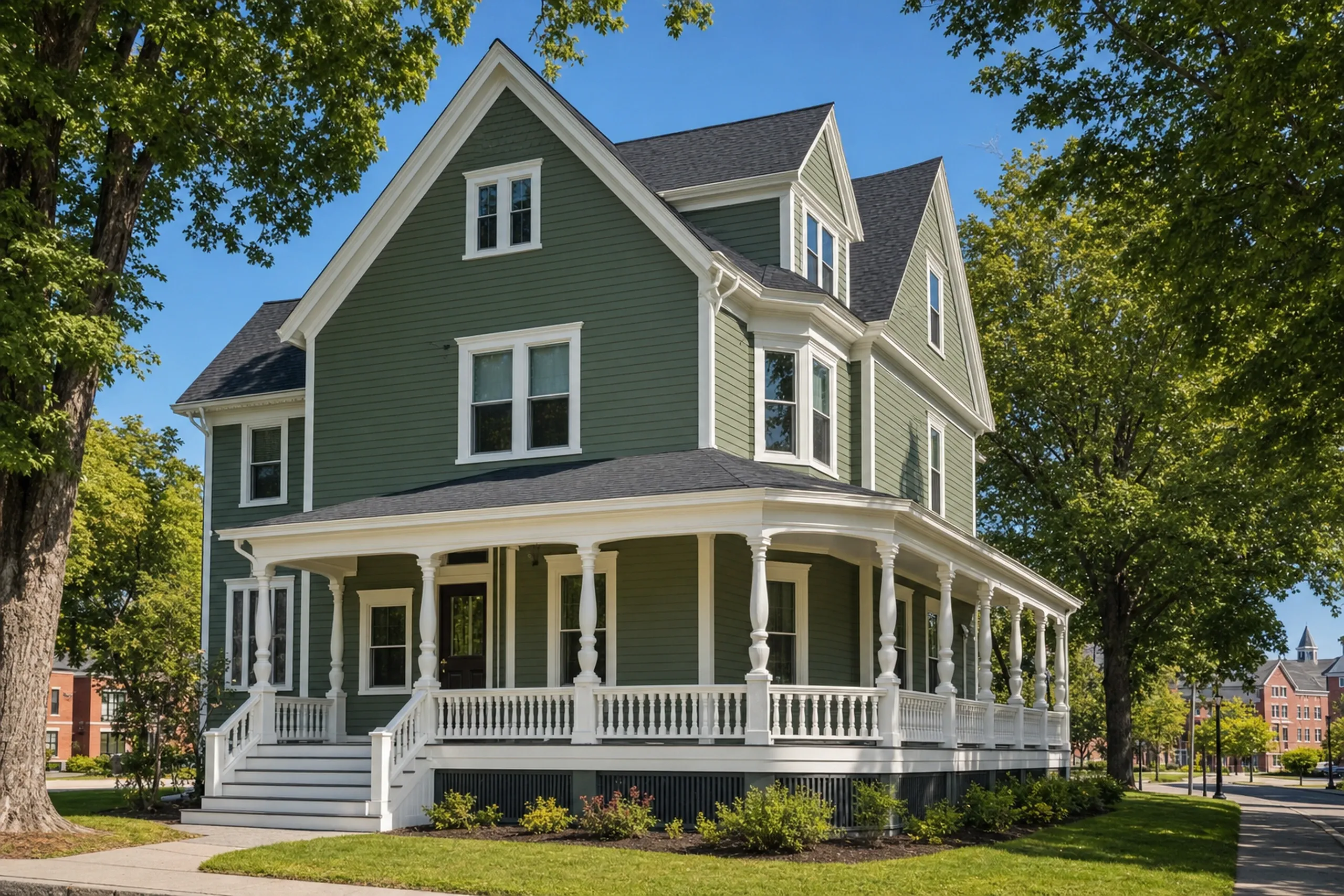 Siding replacement in Lewiston, ME: a two-and-a-half-story Queen Anne Victorian near the Bates College campus finished in new fiber cement lap siding painted deep sage green, crisp white corner boards, window casings and porch trim, a wraparound porch and mature maples, late summer.