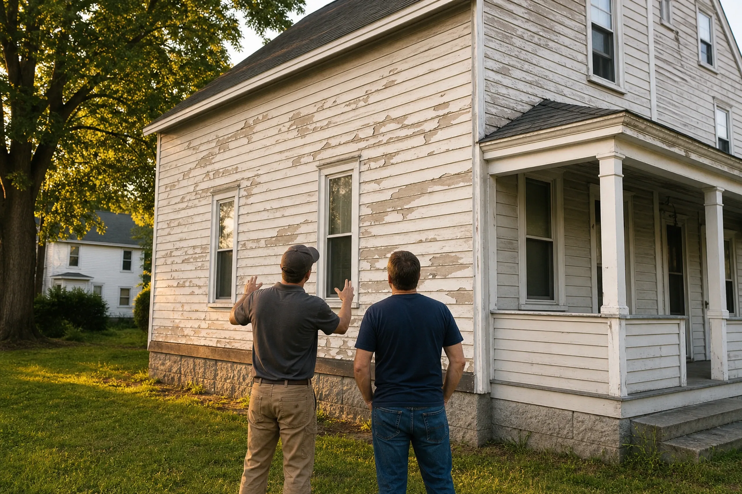 Lewiston siding first visit at a Tree Streets duplex: In warm late-afternoon summer light, two people, a siding installer and a homeowner, seen from behind, stand on a narrow strip of lawn facing a mill-era wood-frame duplex and look at clapboards with paint peeling to bare gray wood and one dark, swollen board above the granite foundation.