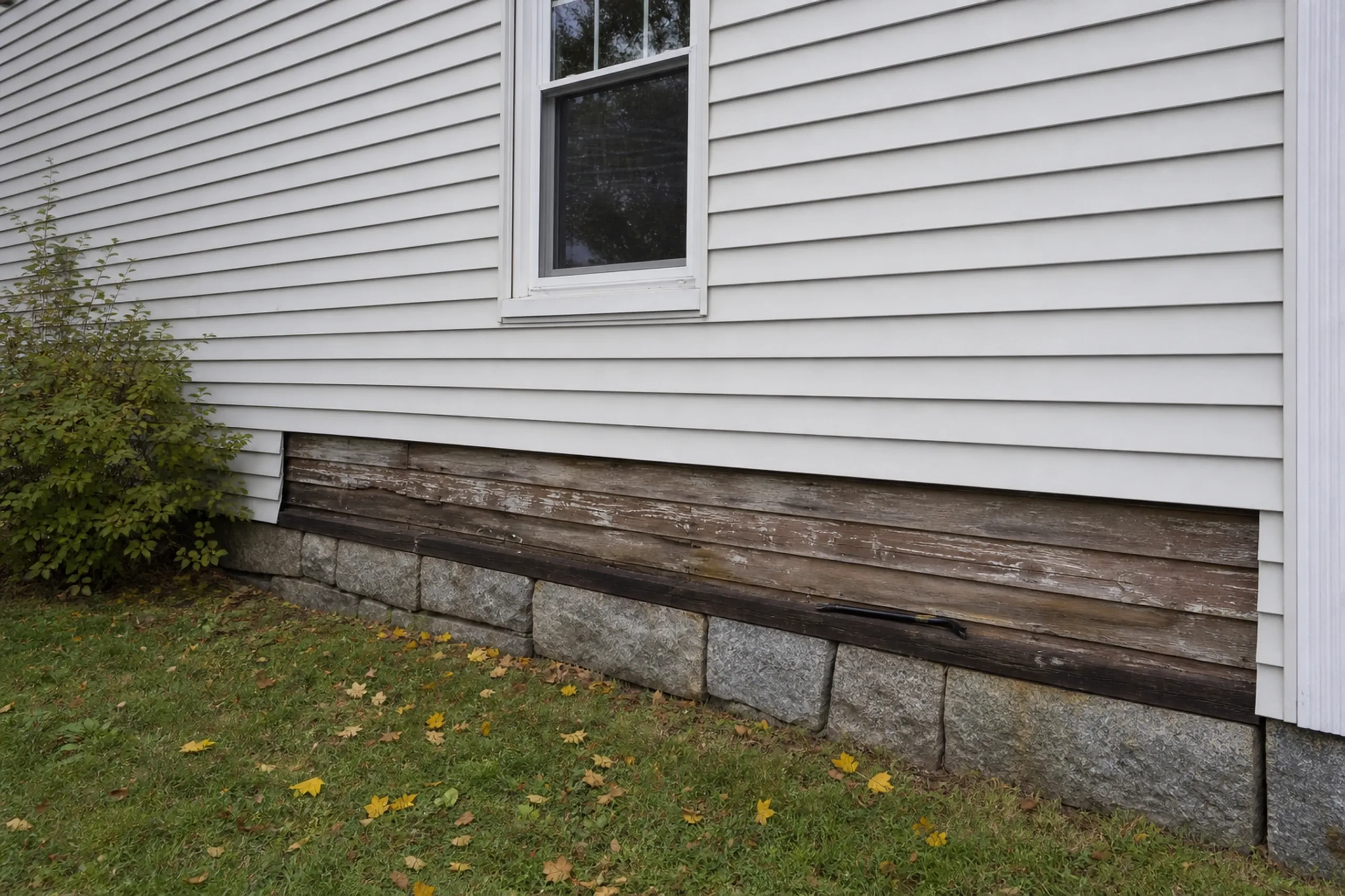 Test course on a Lewiston two-family house: a few courses of old white aluminum siding removed low on the north wall to show weathered original wood clapboards and a dark, soft sill board along the granite foundation, a pry bar resting on the stone, no people, early fall.