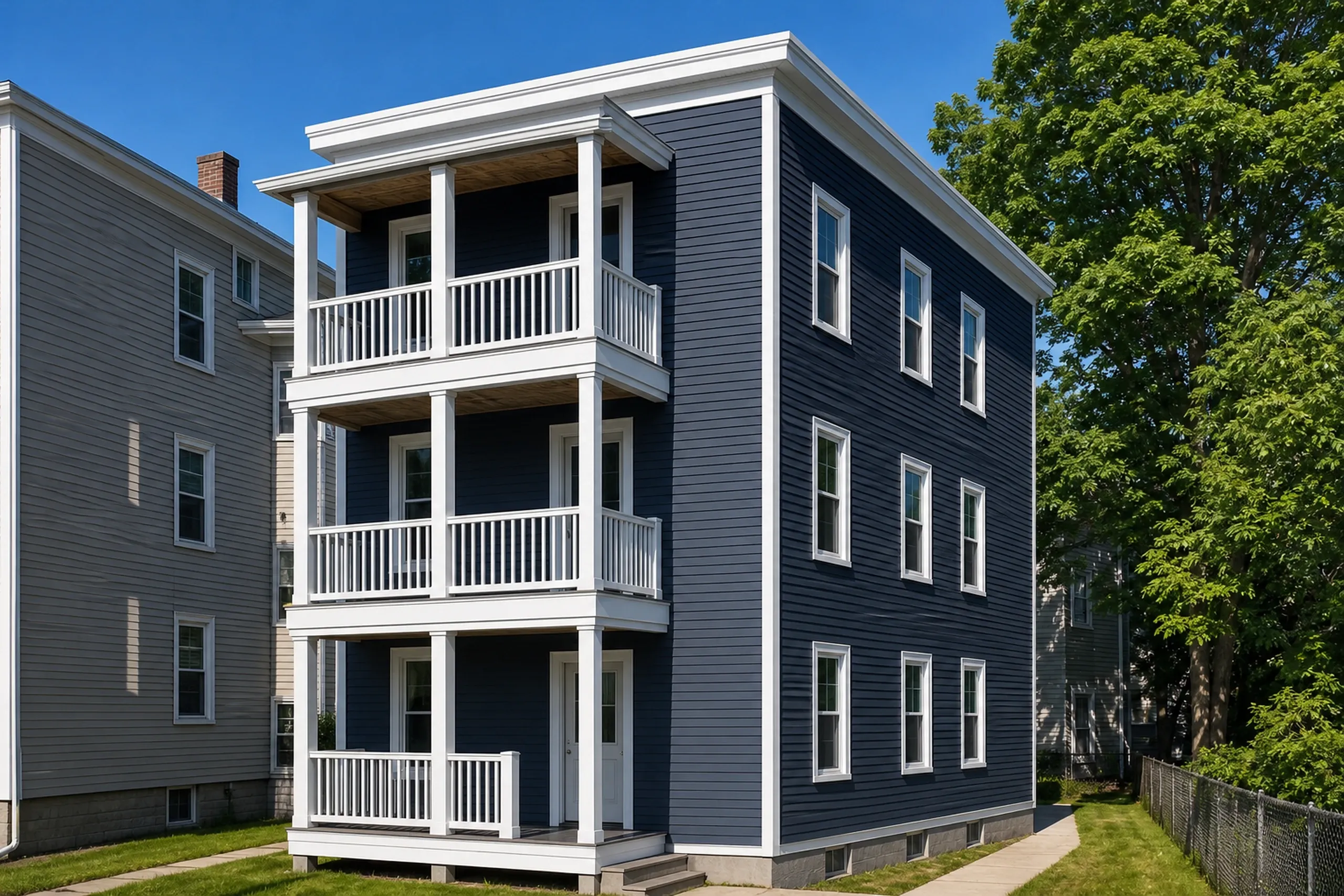 Vinyl siding on a Lewiston triple-decker: a three-story flat-roofed wood-frame house seen from its narrow side yard, new dark gray-blue vinyl lap siding with white corner posts and window trim, three stacked back porches with white railings, midsummer.