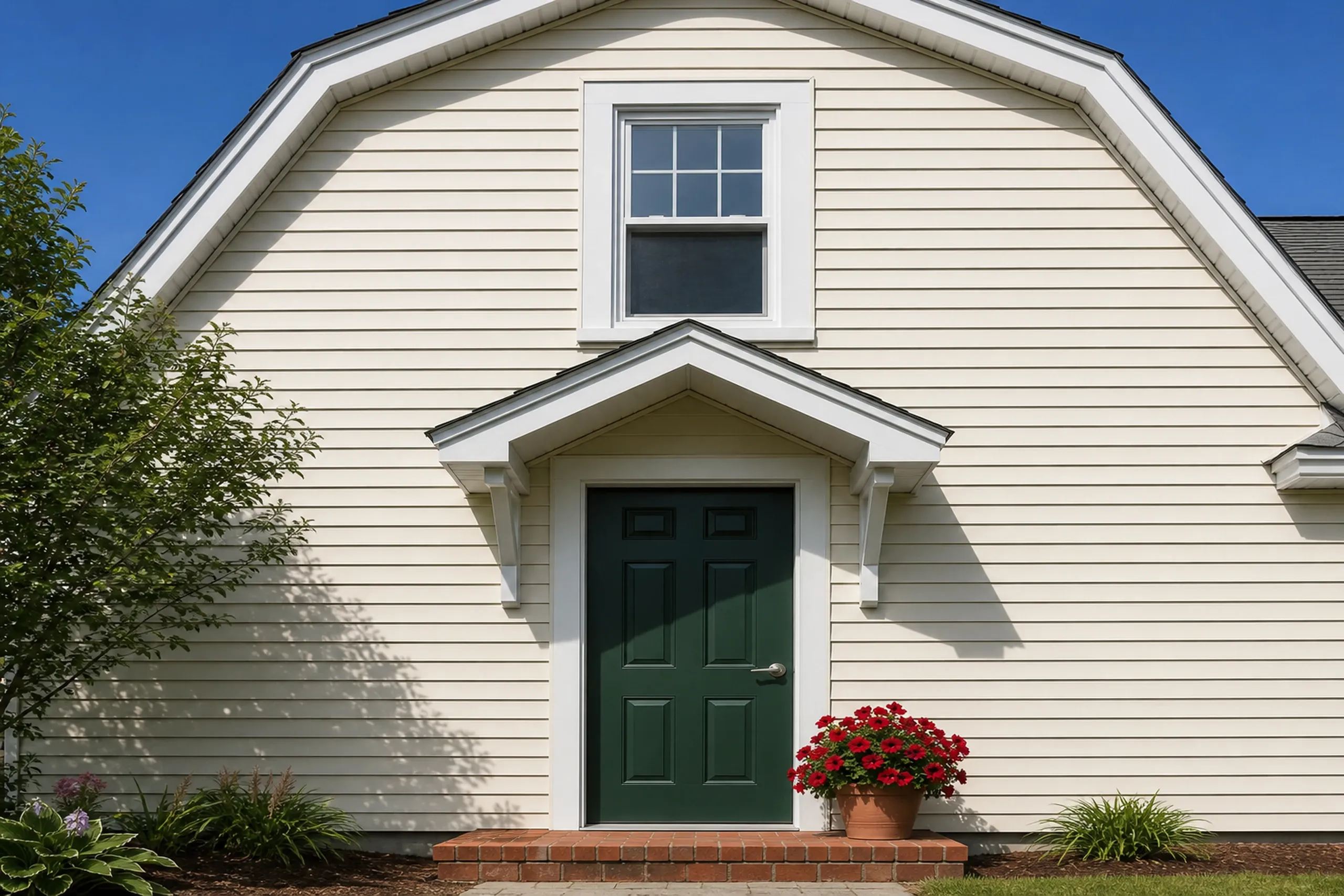 Lewiston re-sided Dutch colonial front entry: Shot vertically, the front entry of a re-sided Lewiston Dutch colonial, cream vinyl lap siding around a forest-green paneled door with a small gabled hood, crisp white trim, a brick step and red petunias in a clay pot, bright early-summer afternoon light, seen straight on.