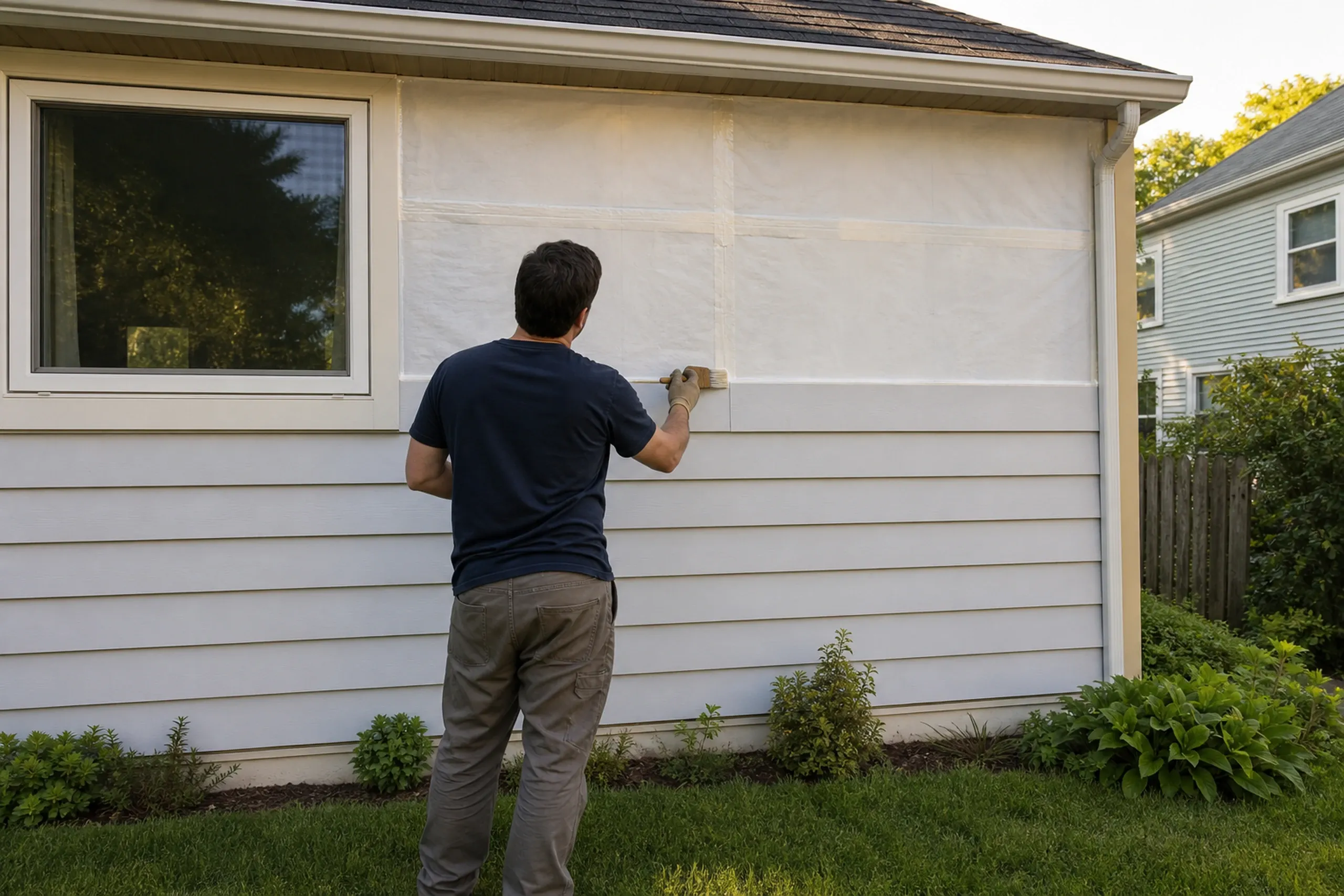 Engineered wood siding install on a central Maine colonial: one installer seen from behind brushing paint onto the cut end of a primed lap board at a butt joint, white housewrap visible on the open wall beside it, late spring.