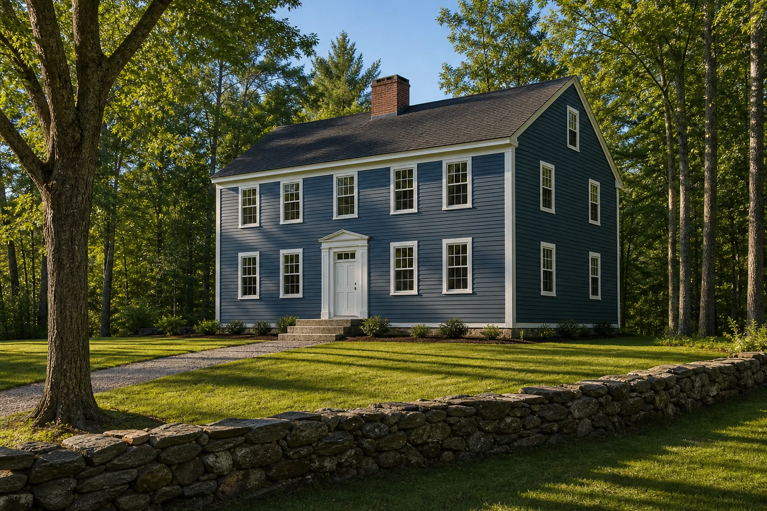 LP SmartSide siding in the Lewiston-Auburn area: a two-story colonial on a wooded lot finished in new engineered wood lap siding painted slate blue, with white trim and corner boards, late summer.