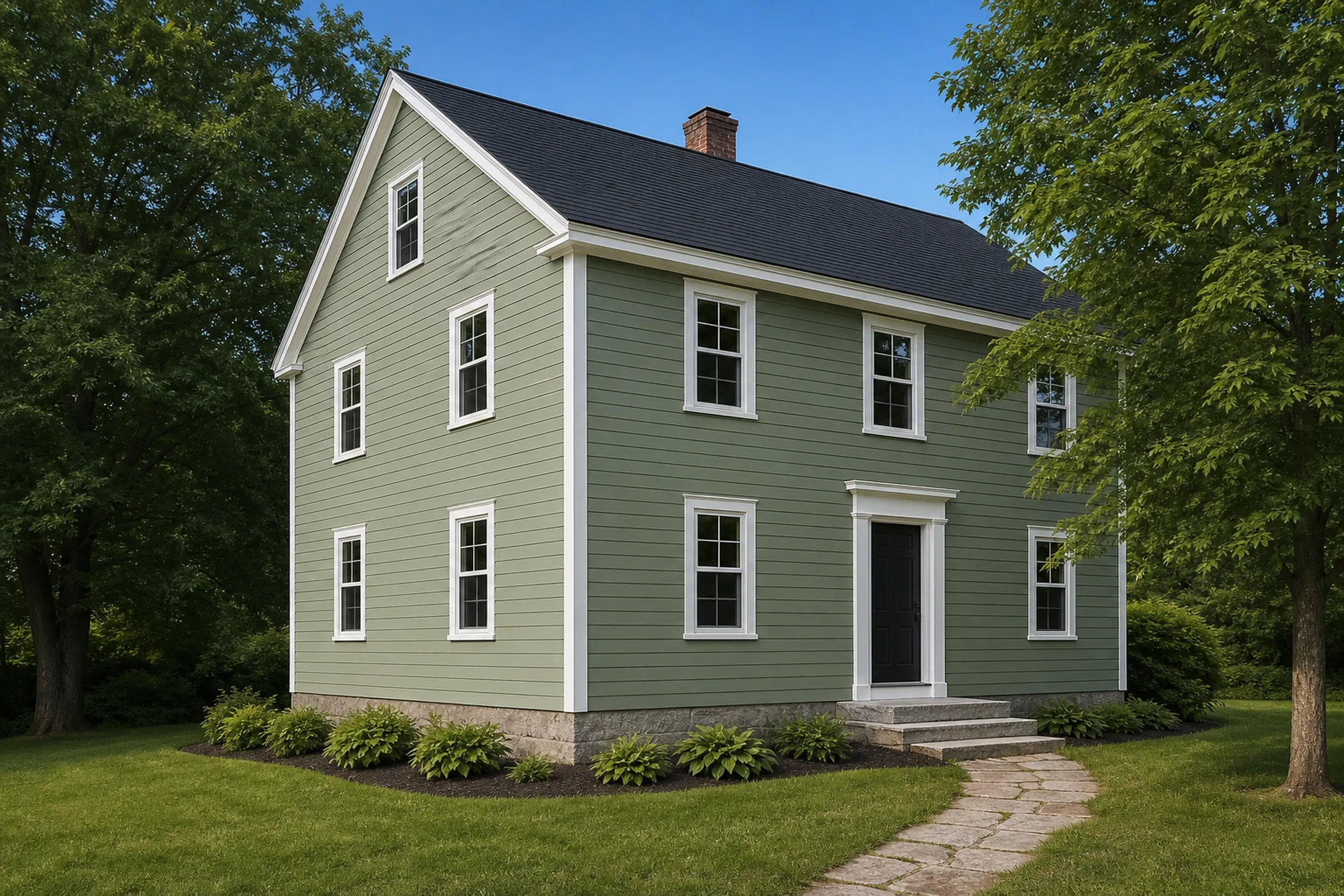 Engineered wood siding close-up on a central Maine cape: cedar-texture lap boards painted sage green meeting a white corner board, crisp even shadow lines, midsummer light.
