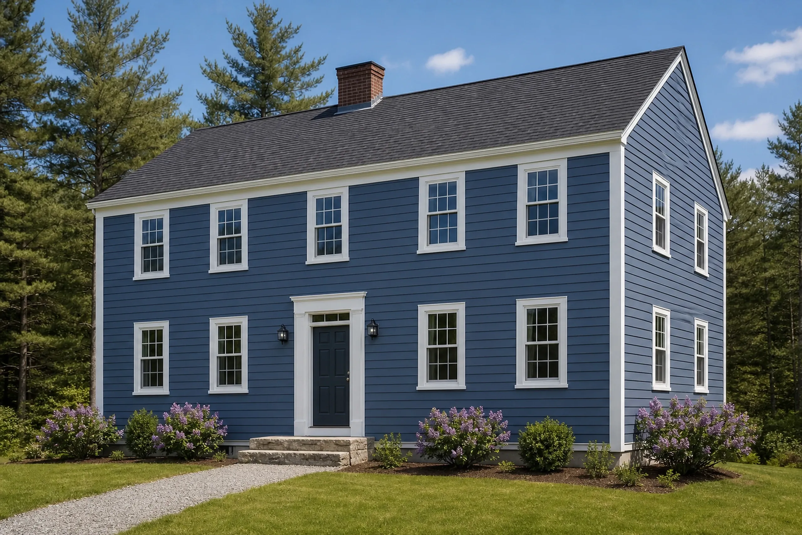 Finished engineered wood lap siding on a central Maine 1980s colonial: smooth boards painted slate blue, wide white window casings and corner boards, a granite step at the front door, late spring.