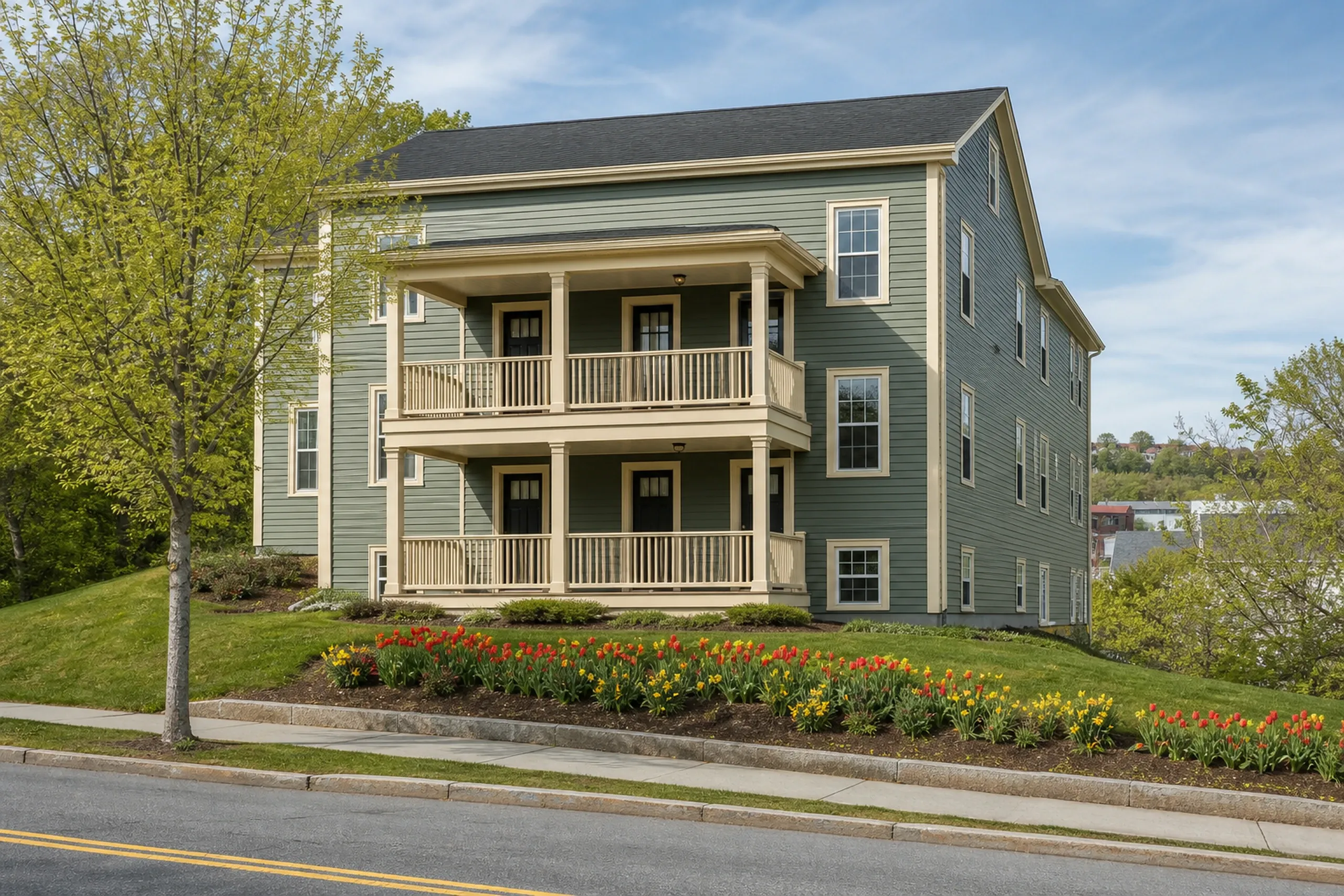 Re-sided LP multi-family in the Lewiston-Auburn area: A re-sided four-unit mill-era multi-family on a hillside street, slate-green LP lap siding with cream corner boards and trim, two stacked front porches with matching posts, red tulips and yellow daffodils in the front bed and a street maple in new leaf, clear late-spring morning light.