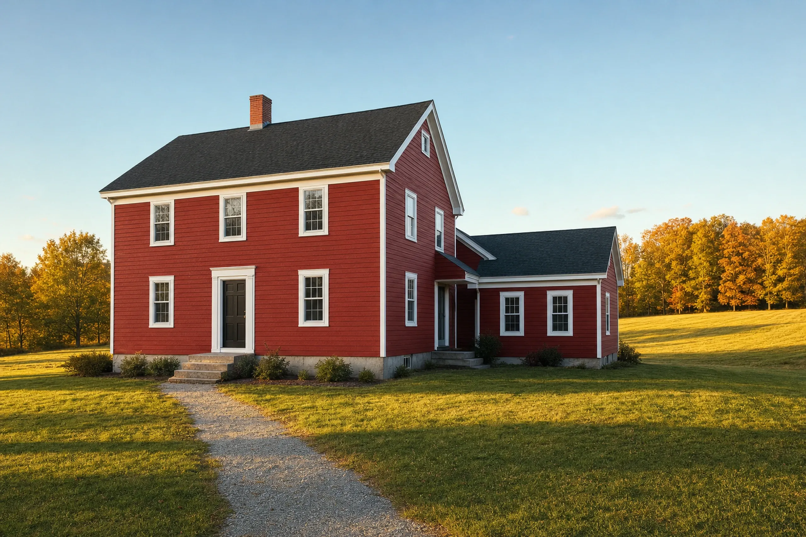 LP siding on a central Maine farmhouse: finished cedar-texture engineered wood lap boards painted barn red, white corner boards and window trim, an attached ell, an open field and maples behind, early fall.