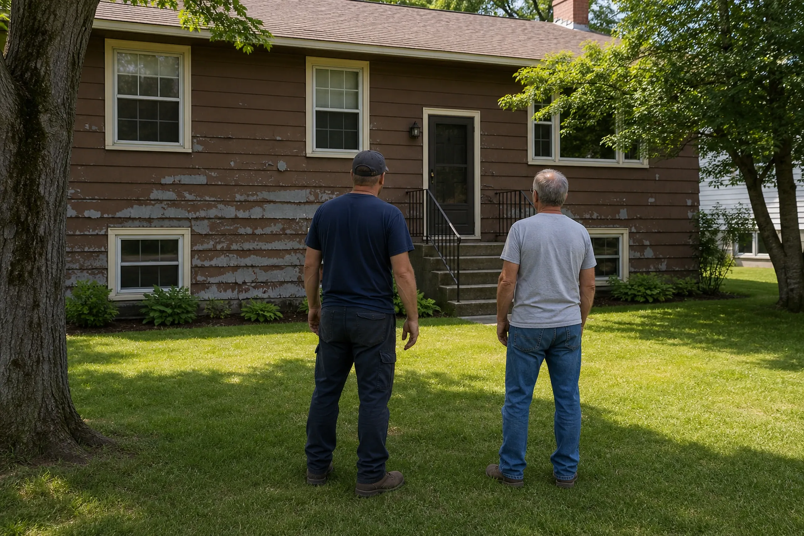 LP siding first visit in the Lewiston-Auburn area: In bright early-summer afternoon light, two people, a siding installer and a homeowner, seen from behind, face a 1970s raised ranch whose old hardboard siding has swollen and flaked along its lower edges, with gray patches showing through the faded brown paint.