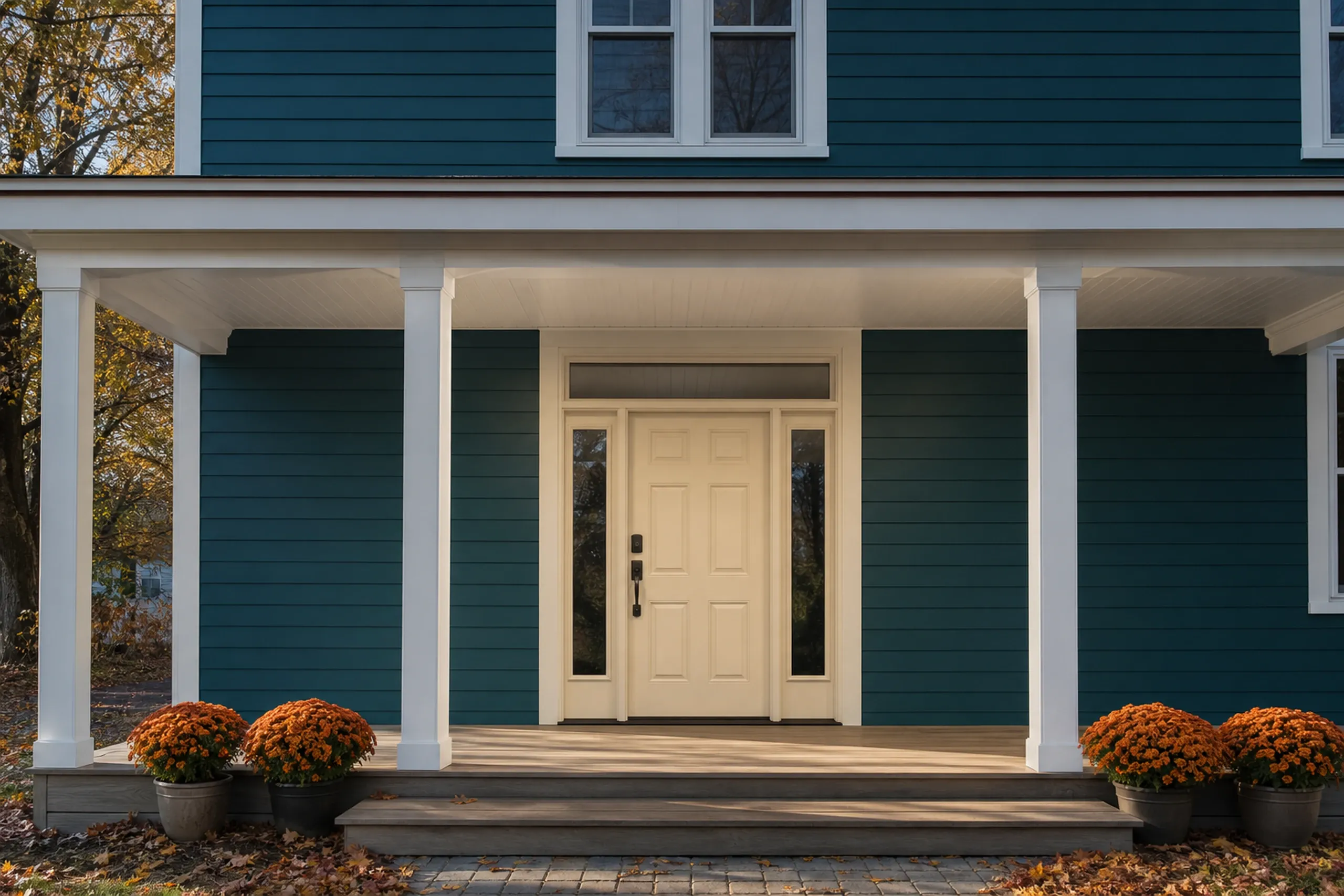 LP Foursquare front entry in the Lewiston-Auburn area: Shot vertically, the front entry of a re-sided Foursquare, deep teal LP lap siding around a cream paneled door with a transom and two sidelights, white trim, a broad wooden porch step and pots of orange mums, cool clear October morning light.