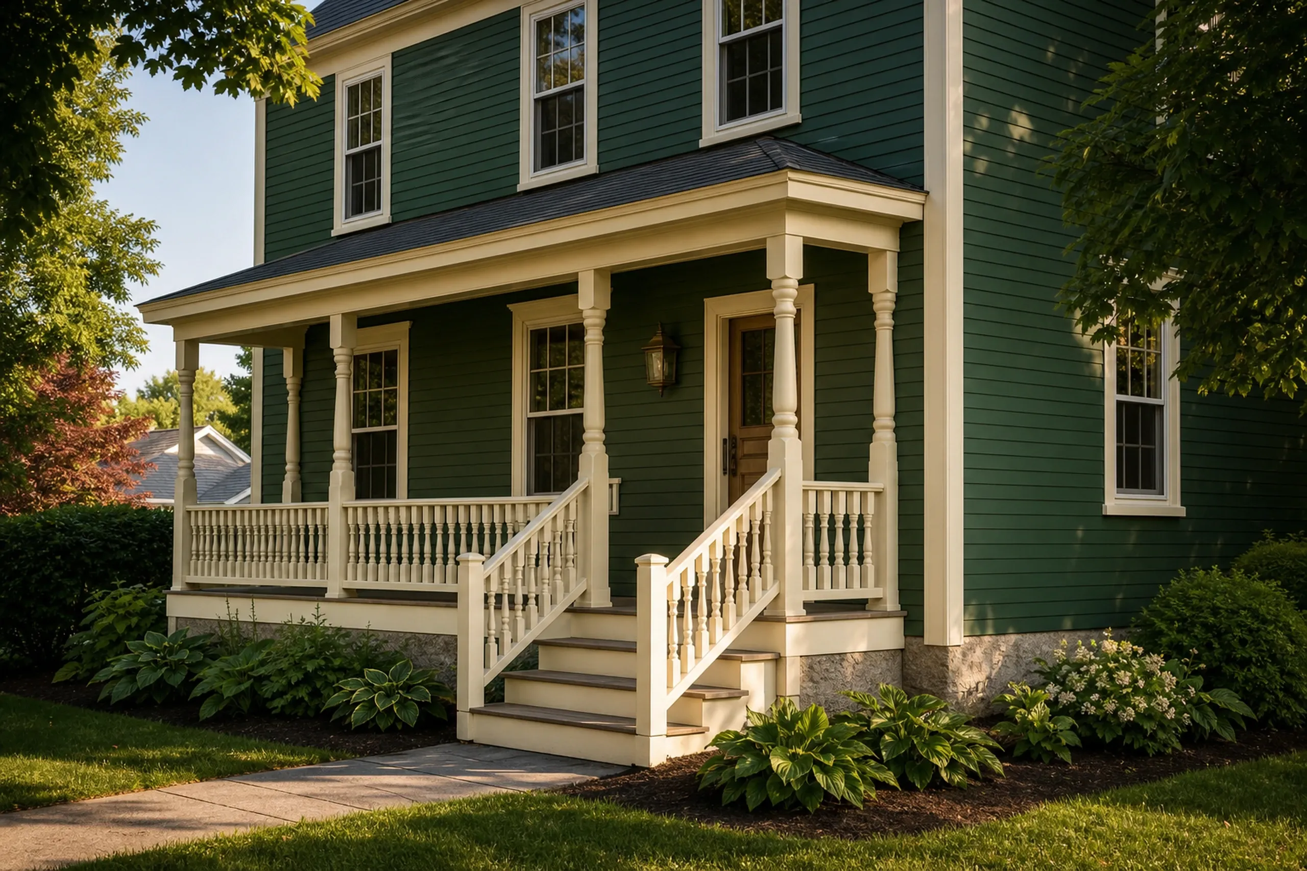 Finished engineered wood lap siding on a Lewiston-Auburn area Victorian: smooth boards painted deep green with cream trim, wide window casings and a turned-post front porch, the bottom course held well above a mulched bed of hostas, midsummer.