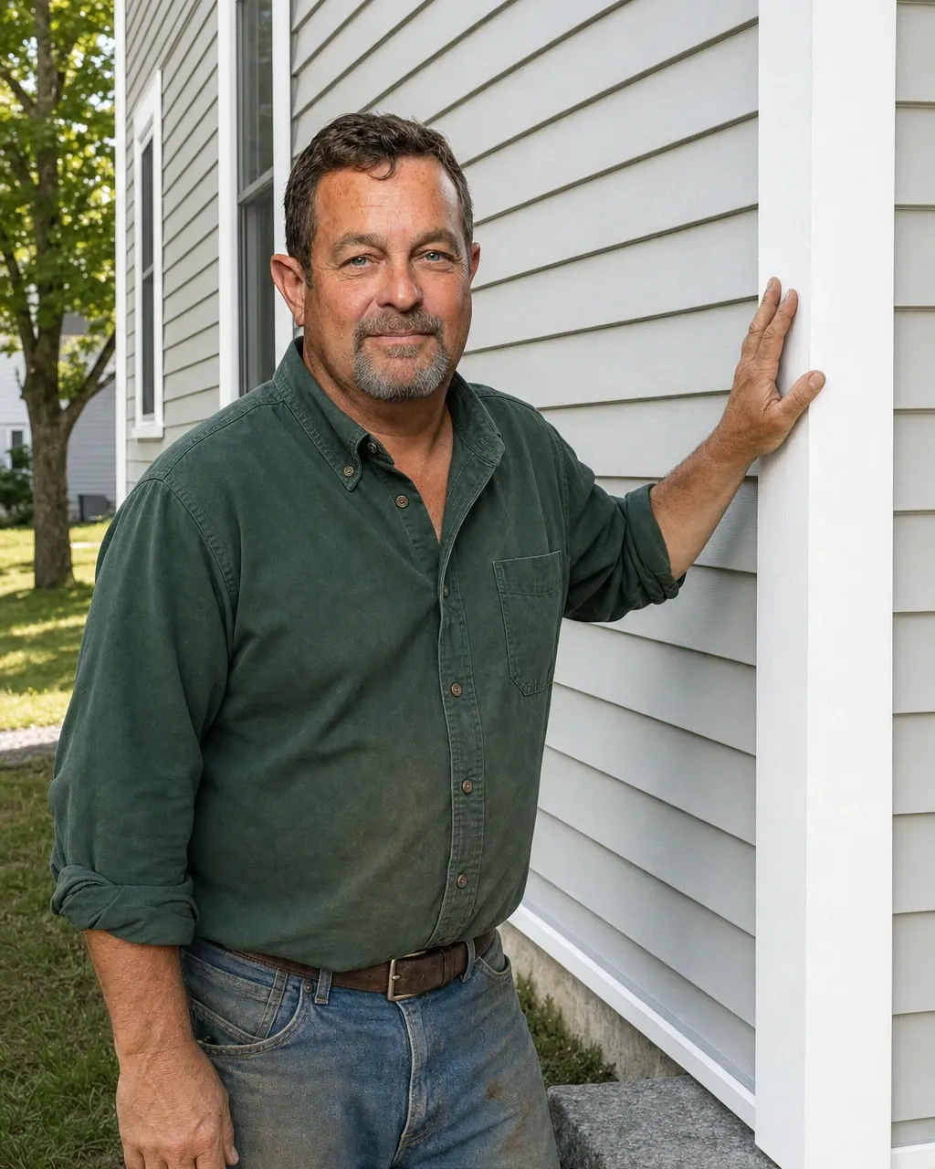 Eric Ouellette, owner of Siding Replacement Lewiston, in a plain dark green chamois work shirt, standing at the outside corner of a two-story house freshly re-sided in pale gray vinyl lap siding with crisp white corner boards, late summer