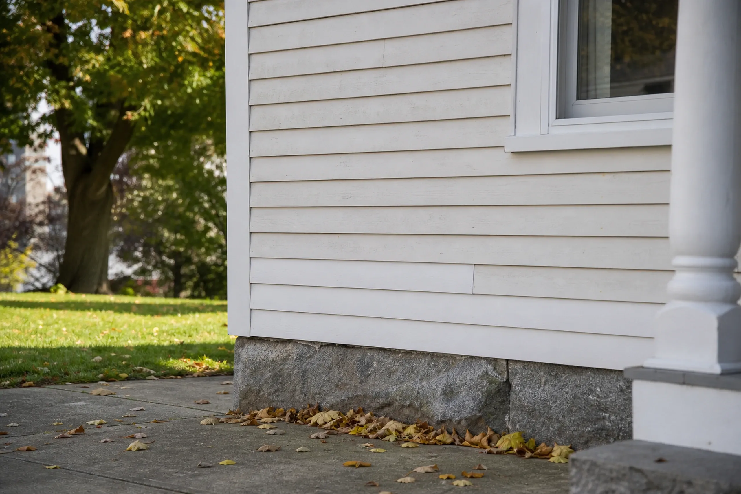 Siding repair in the Lewiston-Auburn area: the lower corner of a white wood-clapboard two-family house where a run of rotted boards has been replaced with new boards painted to match, above a granite foundation, fallen leaves on the walk.