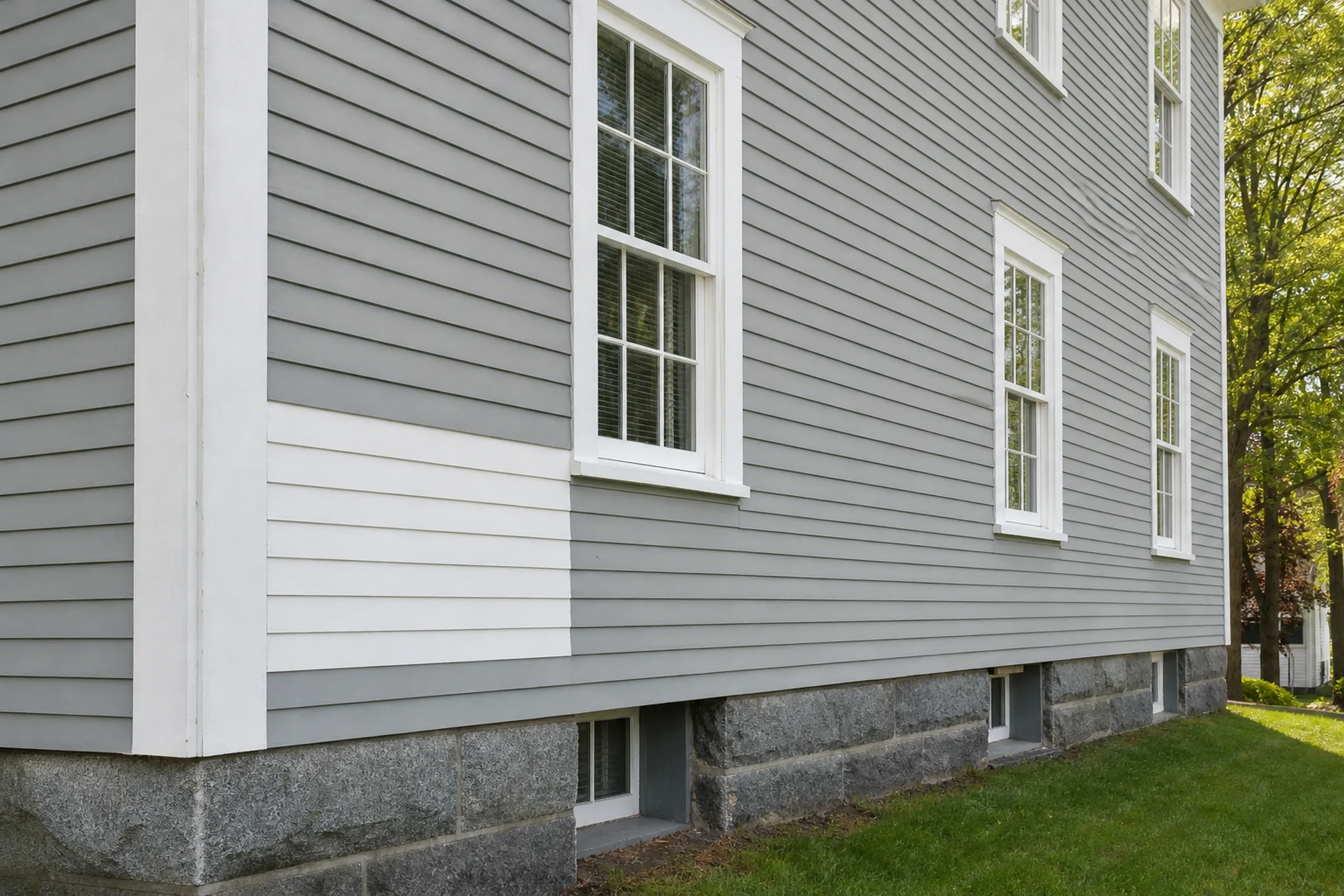 Clapboard repair on a mill-era two-family house in the Lewiston-Auburn area: a short new primed clapboard section set between older painted gray clapboards beside a window casing, late spring.