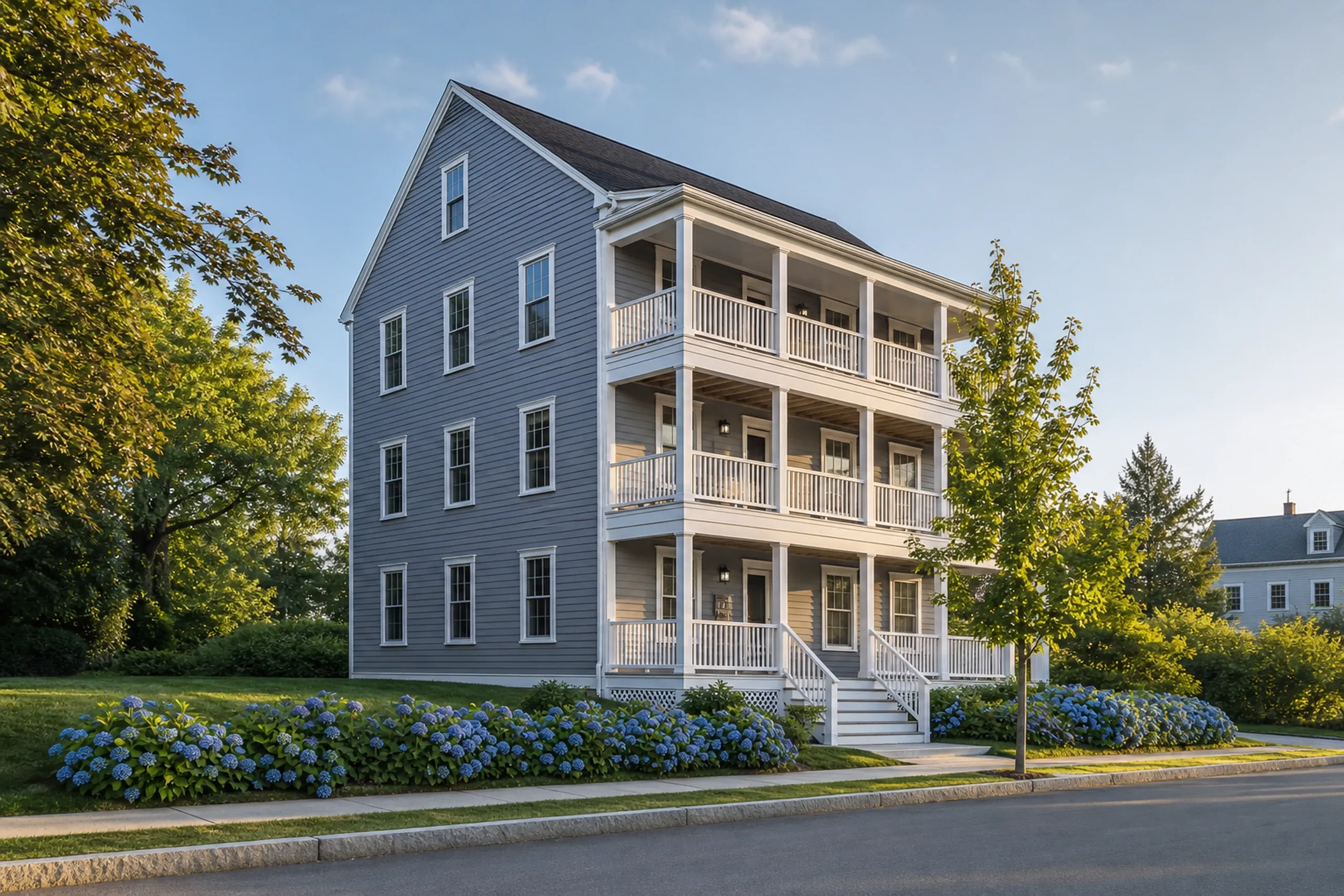 Repaired triple-decker in the Lewiston-Auburn area: A re-sided mill-era triple-decker with a repaired side wall that now matches the rest, soft gray clapboards freshly painted, white trim, three stacked porches with white posts, blue hydrangeas in bloom along the sidewalk and a young maple, warm late-afternoon summer light.