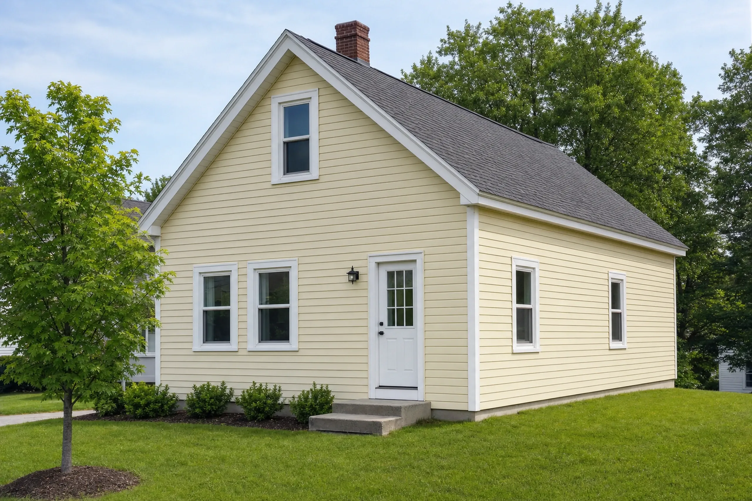 Siding repair on a Lewiston-Auburn area cape: a run of new pale yellow vinyl panels and a fresh white corner post blended into the older pale yellow vinyl wall beside a side door, early summer.