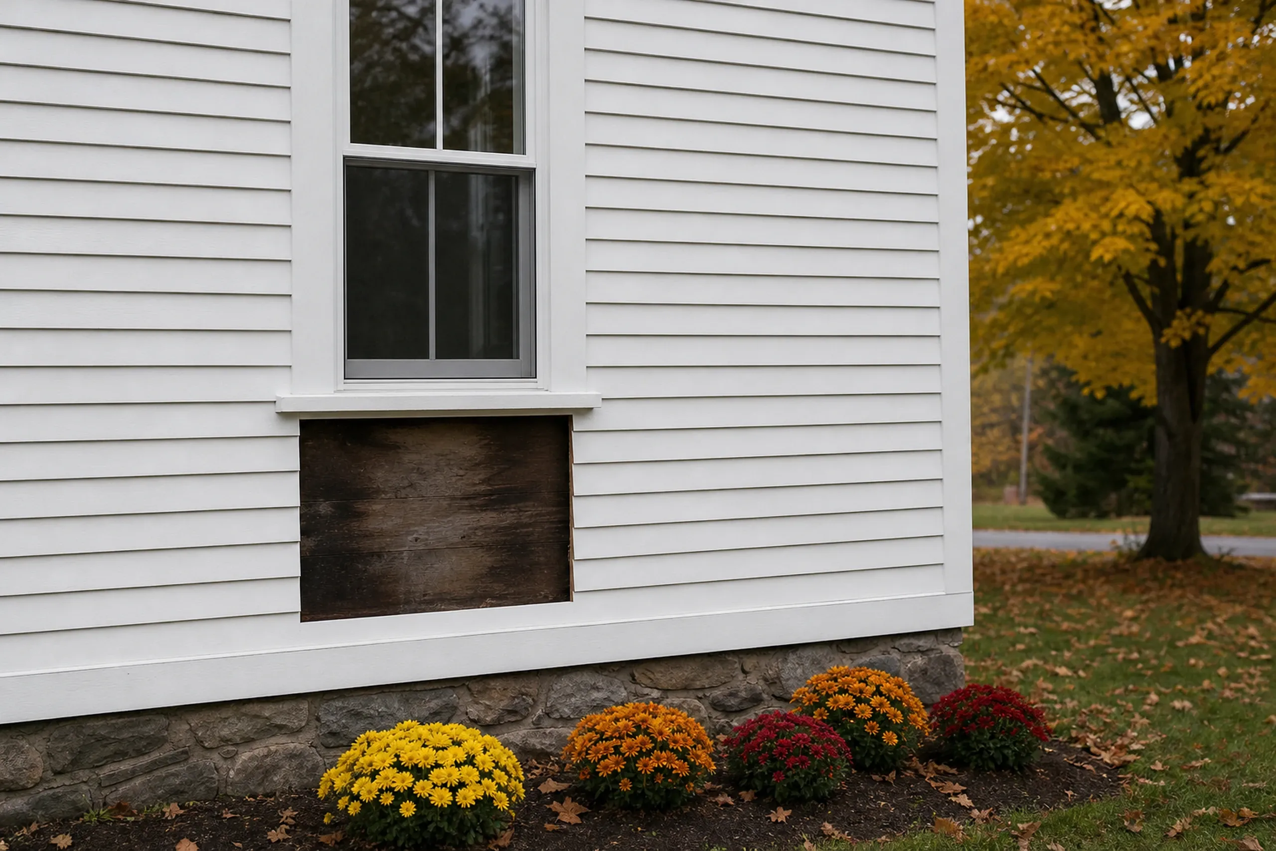 Siding repair stage on a Lewiston-Auburn area farmhouse: a rectangle of white wood clapboard cut out below a window, dark wet-looking sheathing showing behind it, overcast fall day, no people.