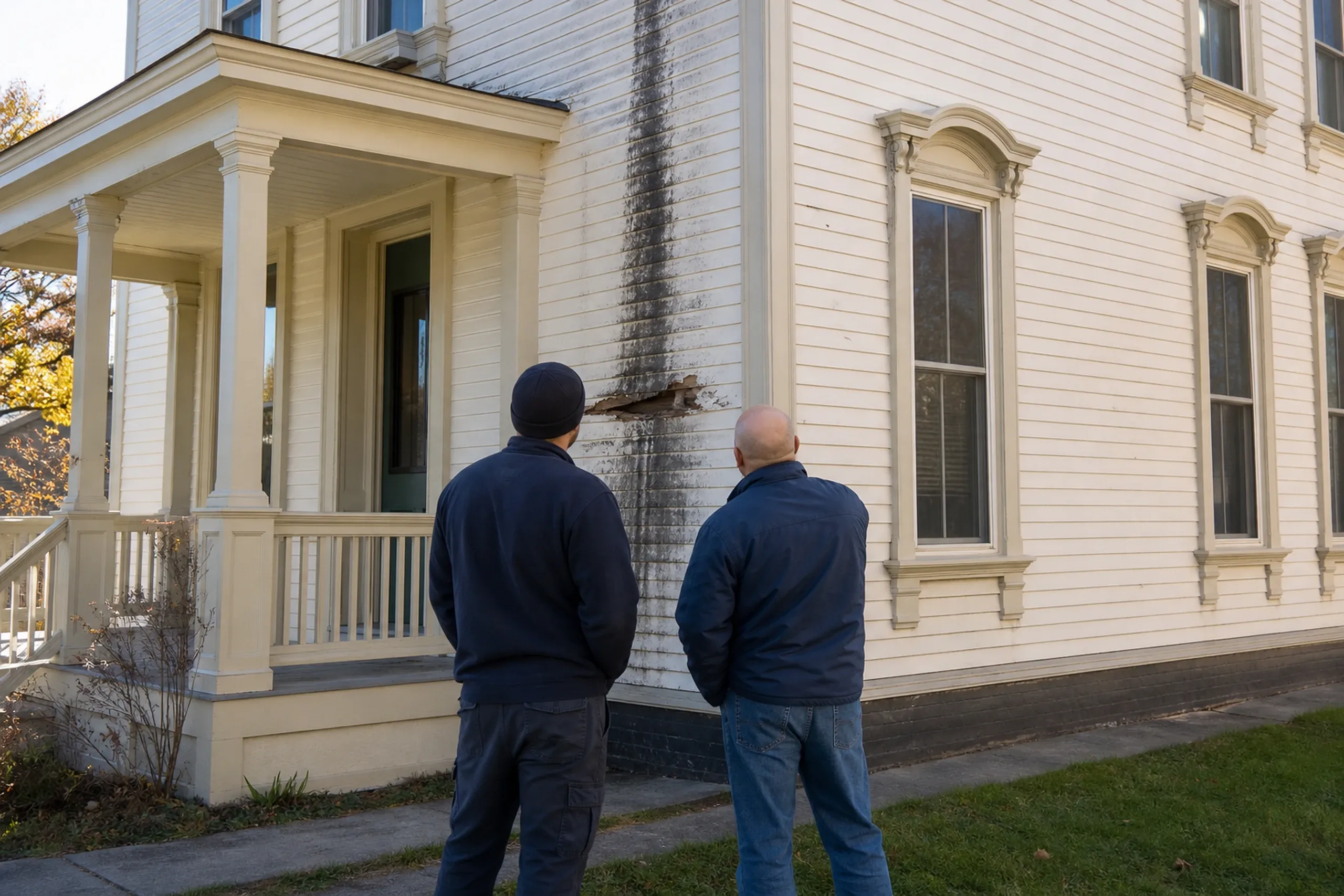Siding repair first visit in the Lewiston-Auburn area: In cool clear October morning light, two people, a siding installer and a homeowner, seen from behind, stand beside an Italianate two-family where its front porch meets the main wall and look at a long black stain down the clapboards, blistered paint and one board gone soft and split.