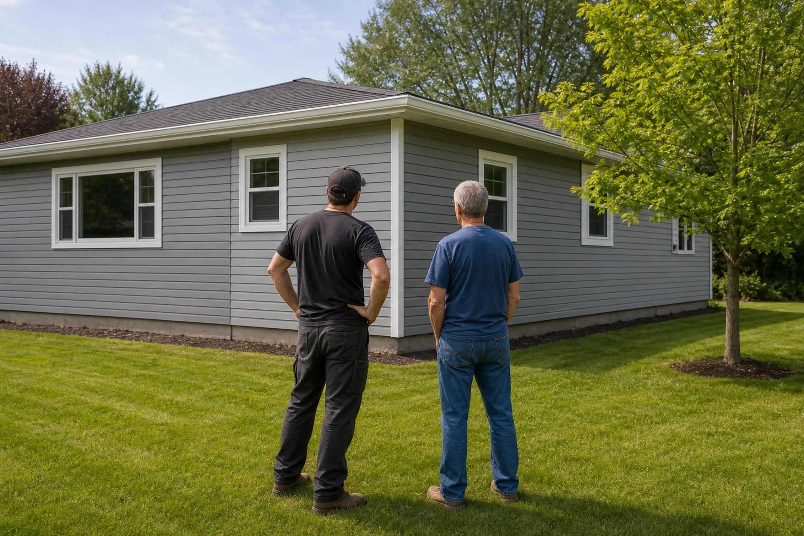 Siding repair final walkaround in the Lewiston-Auburn area: In bright early-summer afternoon light, two people, a siding installer and a homeowner, seen from behind, stand on the lawn beside a re-sided 1960s ranch and study the repaired end wall, where new gray vinyl lap blends into the older panels around a fresh white corner post.